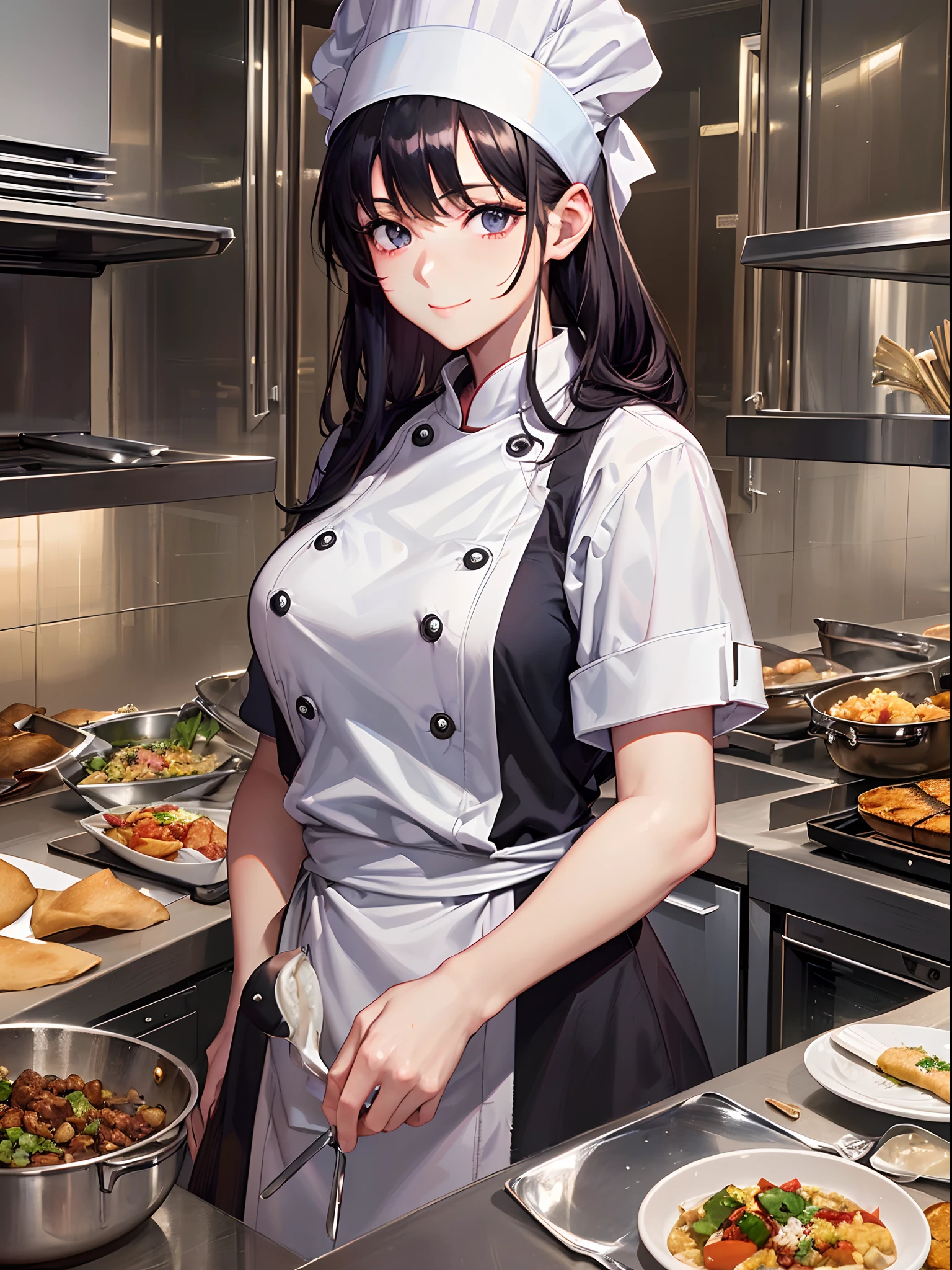 Yui Kotegawa, solo、1People Girls、Brown Hair, (Brown eyes:1.5), Long Hair, Embarrassing, Closed Mouth、8Kimage、Absolute reference to center、whole body, alone ,restaurant,Cinematic lighting、smile、blush、Beautifully styled hair、Maid、ビクトリア朝Maid服、A few ingredients、waiter