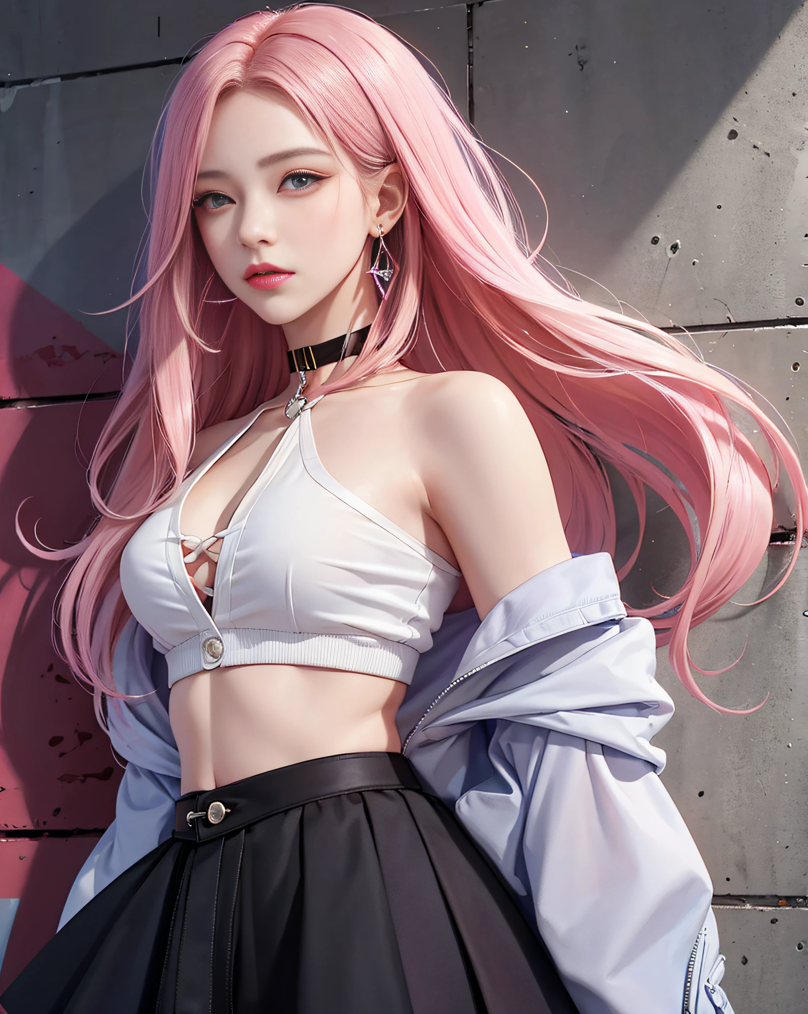 (masterpiece, best quality, 1girl, solo, intricate details, chromatic aberration), realistic, ((medium breath)),long hair, pink hair, red head ornament, pink highlights, hair over one eye,purple eyes, earrings, sharp eyes, choker, neon shirt, open jacket, crop top, (symmetry eyes),(perfect symmetrical body),against wall, brick wall, graffiti, dim lighting, alley ,look at viewer