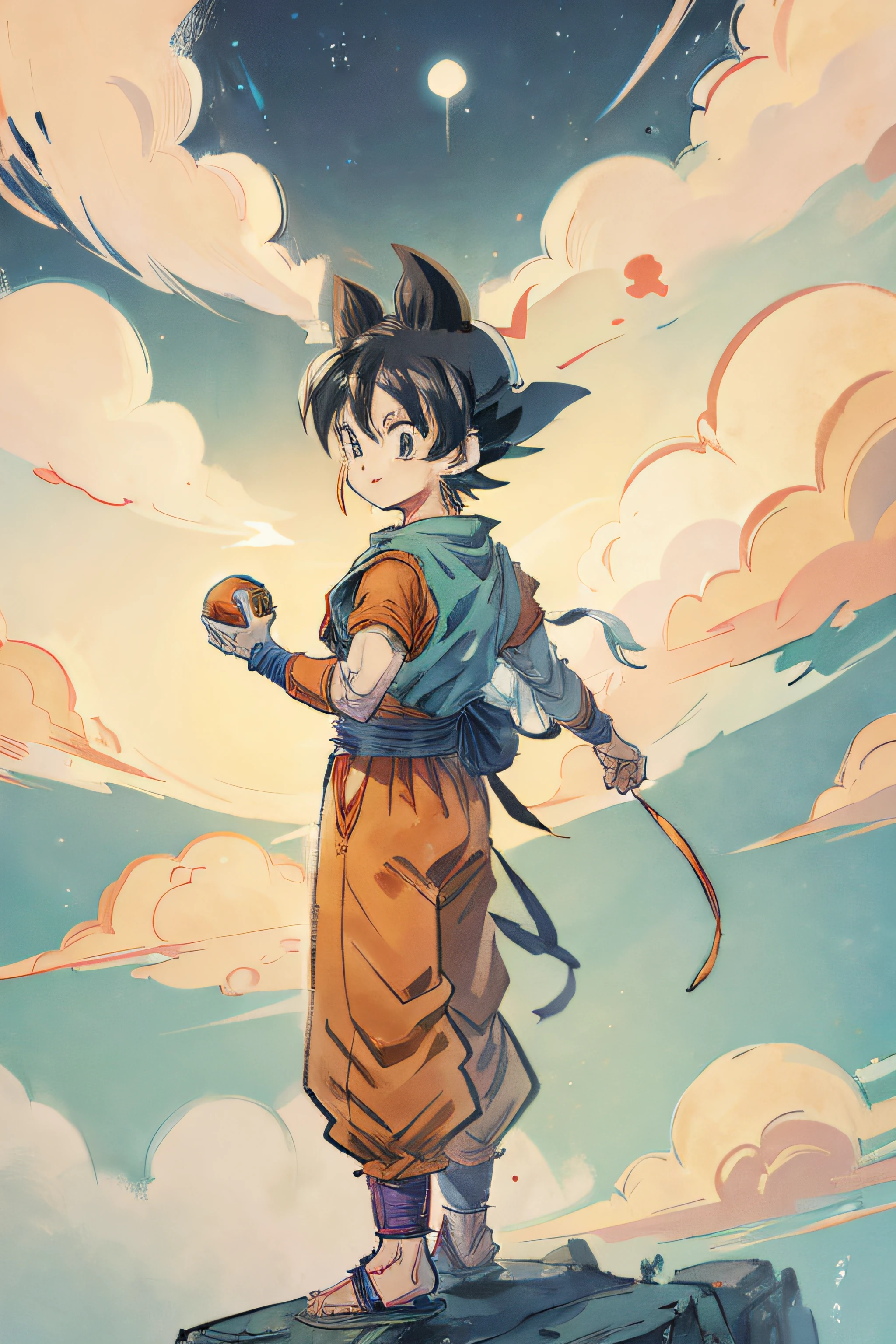 goku em cima, nuvem voadora, anime, dragon ball gt, kid, kid goku.