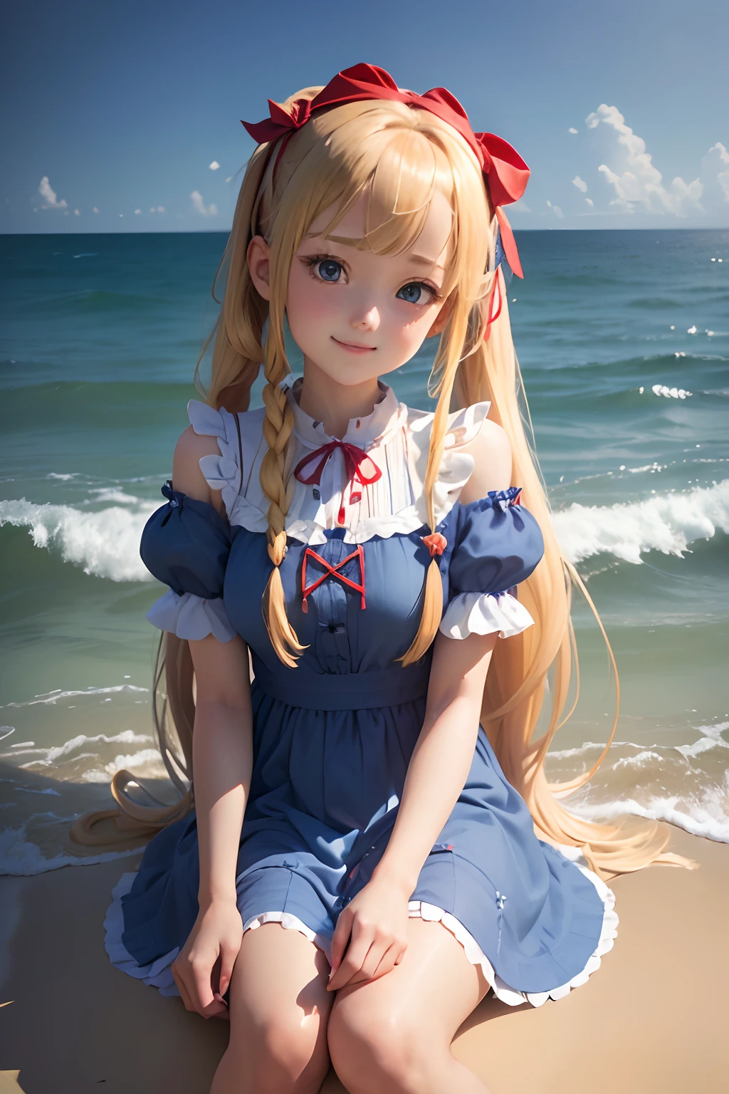 CG Digital Rendering,((Cute 3D Anime Slender Girl Rendering)),(((Lying on the shore))),((Blue color maid clothes)),red earrings,(((Twin tails with long blonde hair))),Angle from the side,Looking up at the sky, summertime, 8K portrait rendering, Smooth Anime CG Art, Rin,(((Blushing face,))),(((great laughter))),((Accompanied by a blue cocktail))
