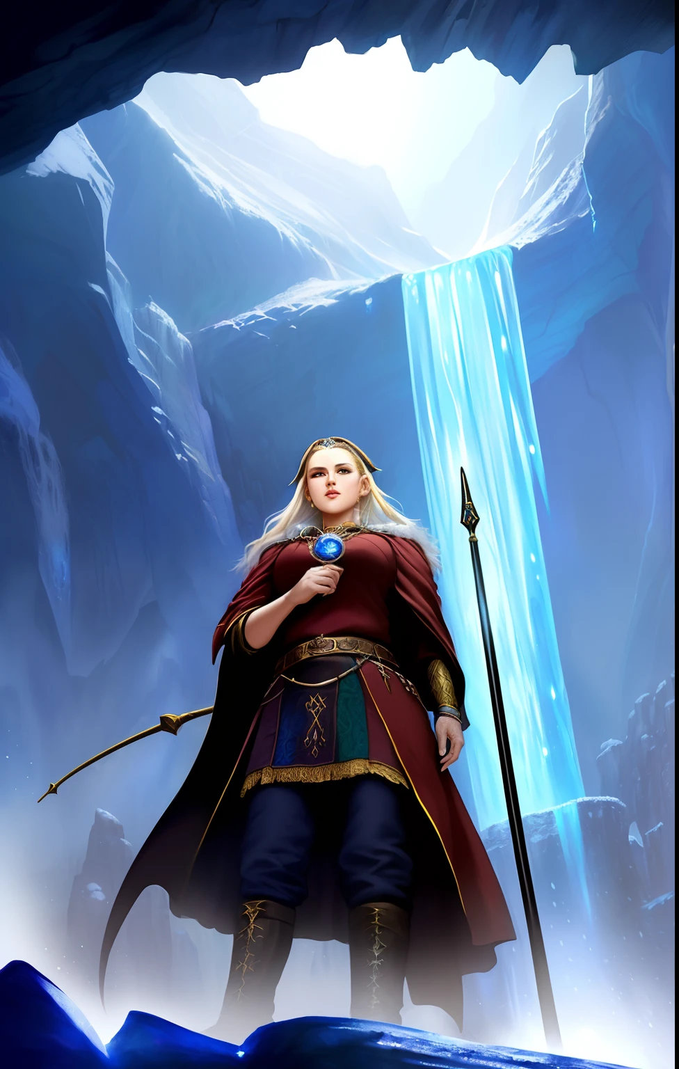 masterpiece, best quality, ((stunning fantasy action scene)), magical, inside ice cave, frozen path, ice walls, icycles, complimentary colors, wizard hat, perfect lighting, perfect composition, aesthetic, masterpiece, award winning, artstation, Diego Gisbert Llorens, artgerm, 8k, fantasy, masterpiece, best quality, colorful liquid oil paint, swirling paint, cinematic lighting, by karol bak, stunning landscape, ((painting, canvas, fine art)), detailed, (fantasy art), cool, ((digital art)), (digital illustration), 4k, trending on artstation, trending on cgsociety, cinematic, agfacolor, low coloration, Norman Rockwell, Franz Xaver Winterhalter, Jeremy Mann, Artgerm, Ilya Kuvshinov, Anges Cecile, Michael Garmash, highly detailed oil painting of a landscape, dramatic lighting, elegant, small details, intricate, hard brush, jama jurabaev, artstation, (fantasy priestess:1.3), (perspective:1.1), (from below:1.1), (erotic priestess robe:1.2), (religious emblem:1.1), (religious sigil:1.1), (|staff|scepter|tome|:1.1), (in the style of Dungeons & Dragons and Lord of the Rings:1.3), (powerful:1.3)