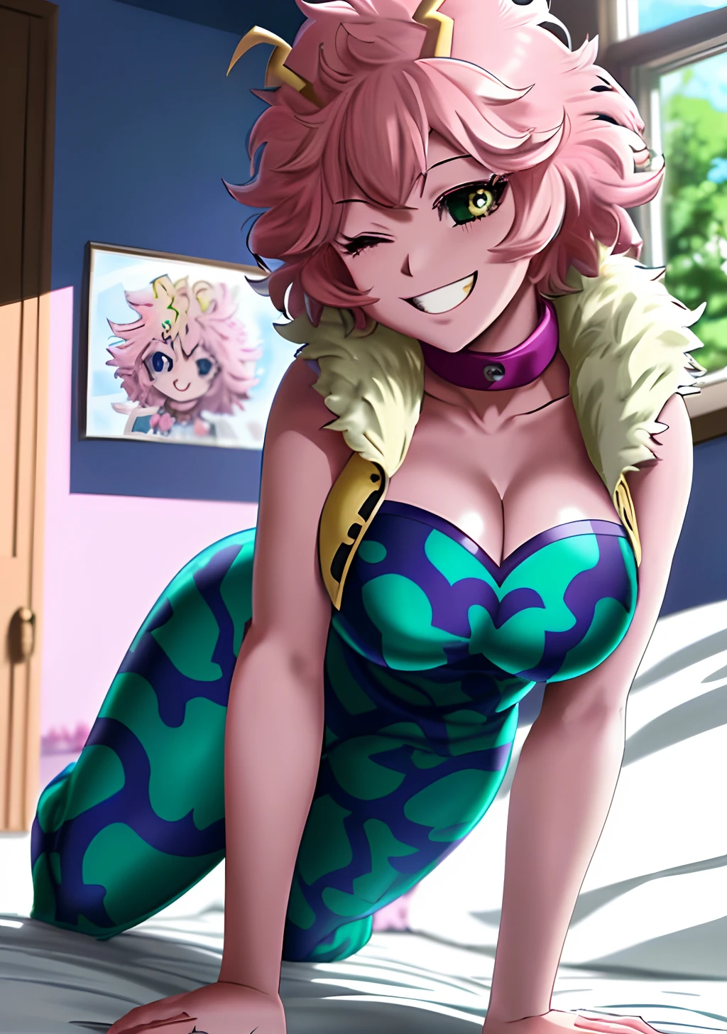 [mina ashido], [Boku no hero academia], ((masterpiece)), ((solo portrait)), ((front view)), ((cute)), ((High definition)), ((anime)), ((beautiful render art)), ((detailed shading)), ((cel shading)), ((intricate details)), {mina ashido; (pink skin), (curly yellow horns), long eyelashes, eyes closed, curly pink hair, short eyelashes, large boobs, (beautiful slightly muscular legs), (beautiful feet), (excited smile), (white teeth), (blushing)}, {(hero costume), (bodysuit), (yellow sleeveless jacket), (fluffy collar)}, {(on bed), (all fours), (looking at viewer)}, [Background; (bedroom), (window), (blue sky), (sun rays)]