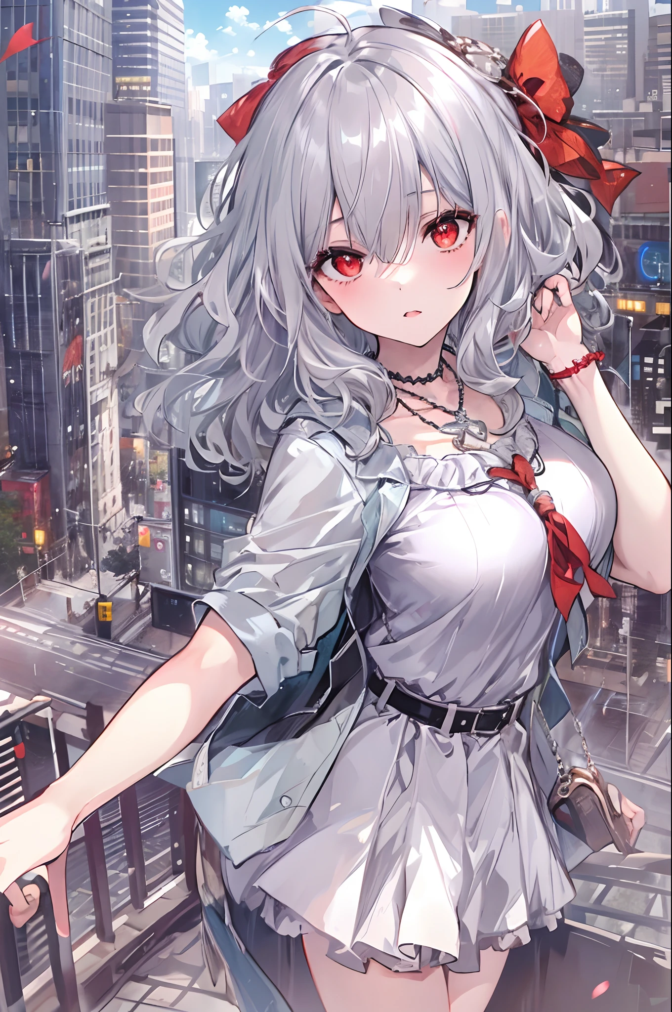 best quality,masterpiece,1girl,silver hair,disheveled hair,curly_hair,shirt,skirt,kawaisou,JK,red_bow,watchi,necklace,cityscape,8k raw photo,ultra high res,highest detailed,intricate,8k,HDR,