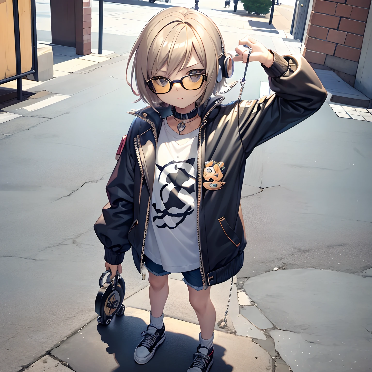 C4tt4stic, Cute 10 year old girl,Cartoon on a jacket and skateboard, Sunglasses,Headphone neck,