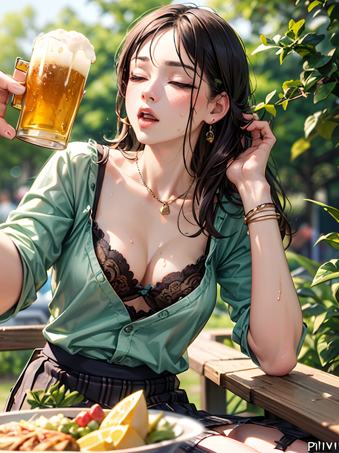 Best quality, ((Masterpiece)), (Realistic), A woman, Beer garden, Drinking beer was delicious, Hot and sweaty, Place it next to her face, closing her eyes, 1woman, Sour face, green shirt, food, Solo, Open shirt, Lace shirt, Floral shirt, colorful skirt, Mini skirt, Piva