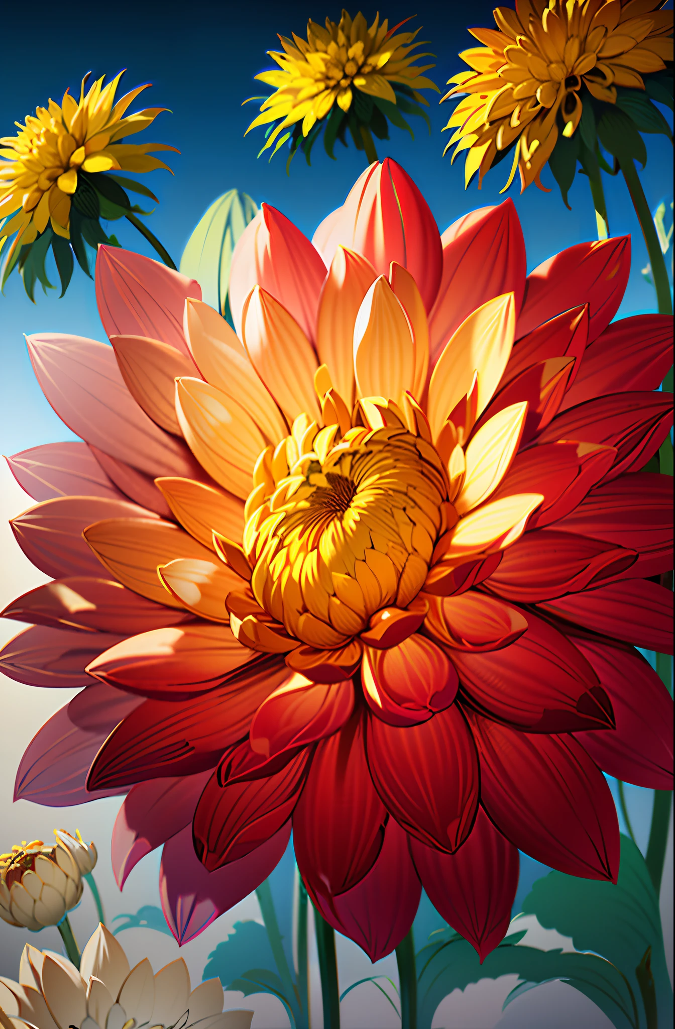 There are large yellow flowers with a large number of petals, Highly detailed digital painting, Photorealistic Illustration, Giant Dahlia Flower Head, highly detailed painting, Close-up of giant dahlia flower head, dahlia, Digital painting highly detailed, A hyper-realistic, Highly detailed fine art, realistic flowers oil painting, hyperrealistic illustrations, highly-detailed digital painting, Highly detailed 4K painting