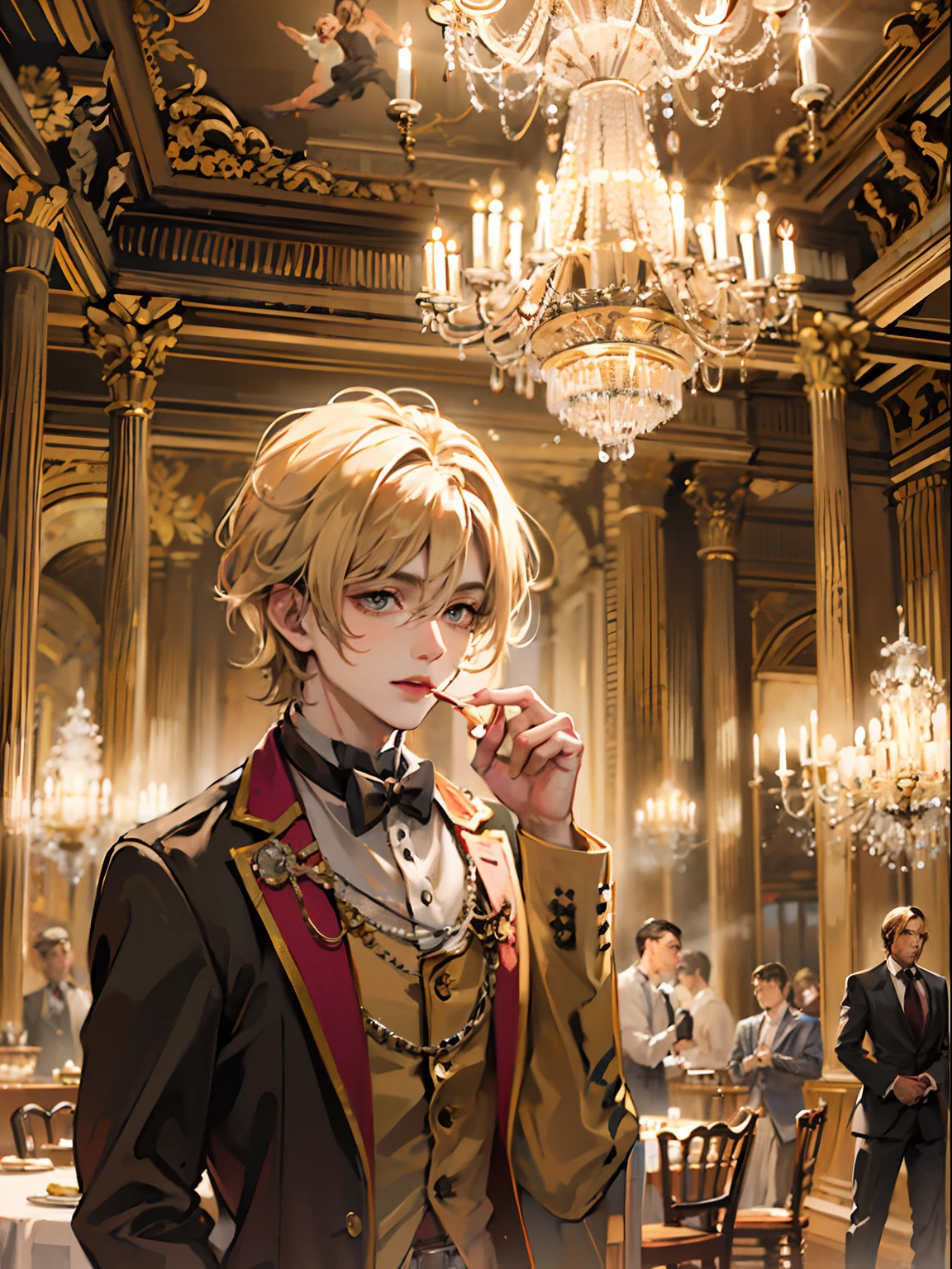 Sepia landscape、1boy,11 only、(Man's :2),(bobhair:1.5)、a blond、Bright tuxedo、Inside a luxurious Western-style building、Luxurious chandeliers、Vibrant lighting、hightquality、masutepiece,8K,hight resolution、