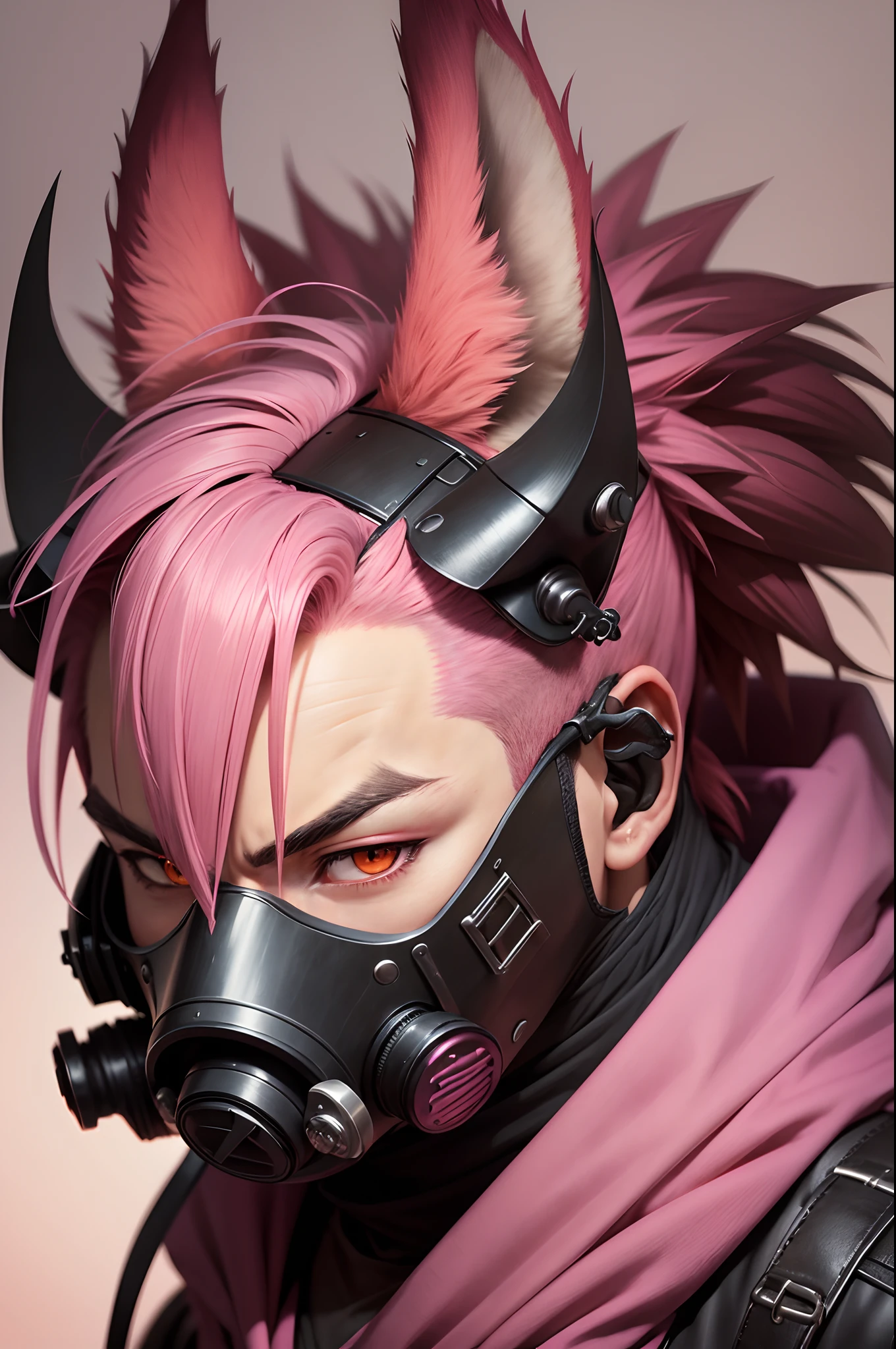 kemono, character portrait, male, hyena, long devil horns, gas mask, side view, muscular, out of focus background, vibrant pink hues