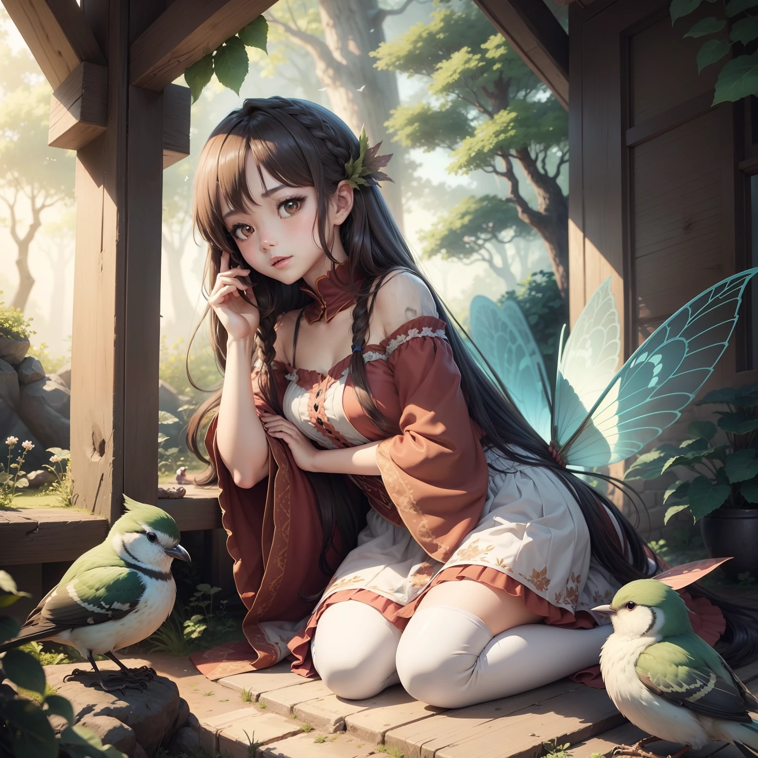 Make an illustration of an anime girl fairy tale, Talk to animals and birds