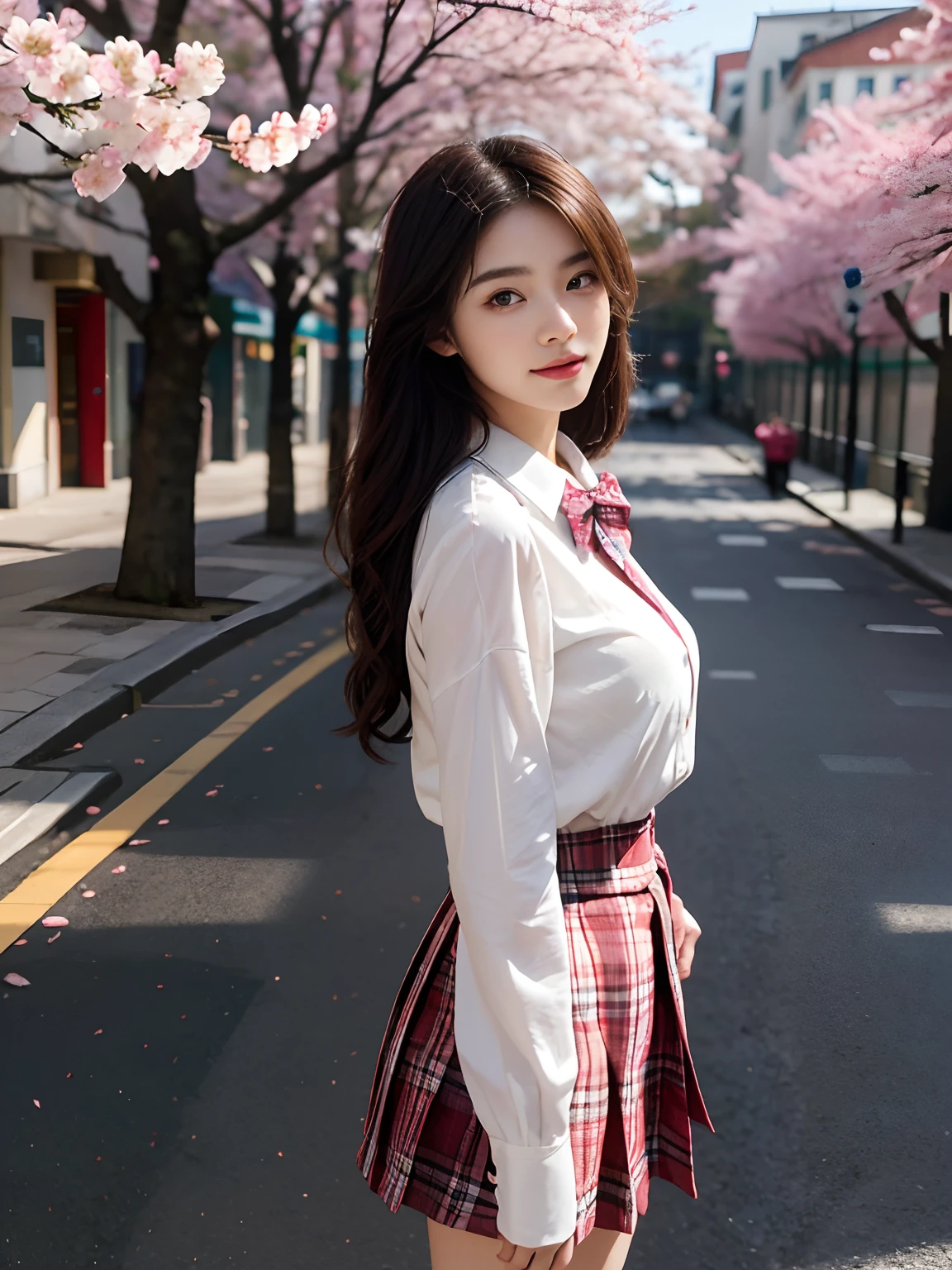 best qualtiy，tmasterpiece，超高分辨率，（真实感：1.4），RAW photogr，1girll，long whitr hair，Face Highlighting，Pure，Girly，Flushing，18yr old，18-year-old smiling female classmate，Pure，Innocent，（best qualtiy，8K，tmasterpiece:1.3），Goose egg face，largeeyes，long eyelasher，Exquisite（live-action realistic style），Star-like eyes，Ultimate face，Photorealistic light and shadow，Clear facial features，Milky white skin，Fair skin， highdetailskin， Realistic skin details， Visible Pore，（Super detail），（perfect bodies：1.1），long whitr hair，（dynamicposes），((Dynamic background((volumettic light：1.3))，huge tit，Cherry blossom avenue，Plaid skirts，Cover buttocks，Plaid bow tie，white  shirt，liberta，Dashing，long leges，Shunguang，Street photography