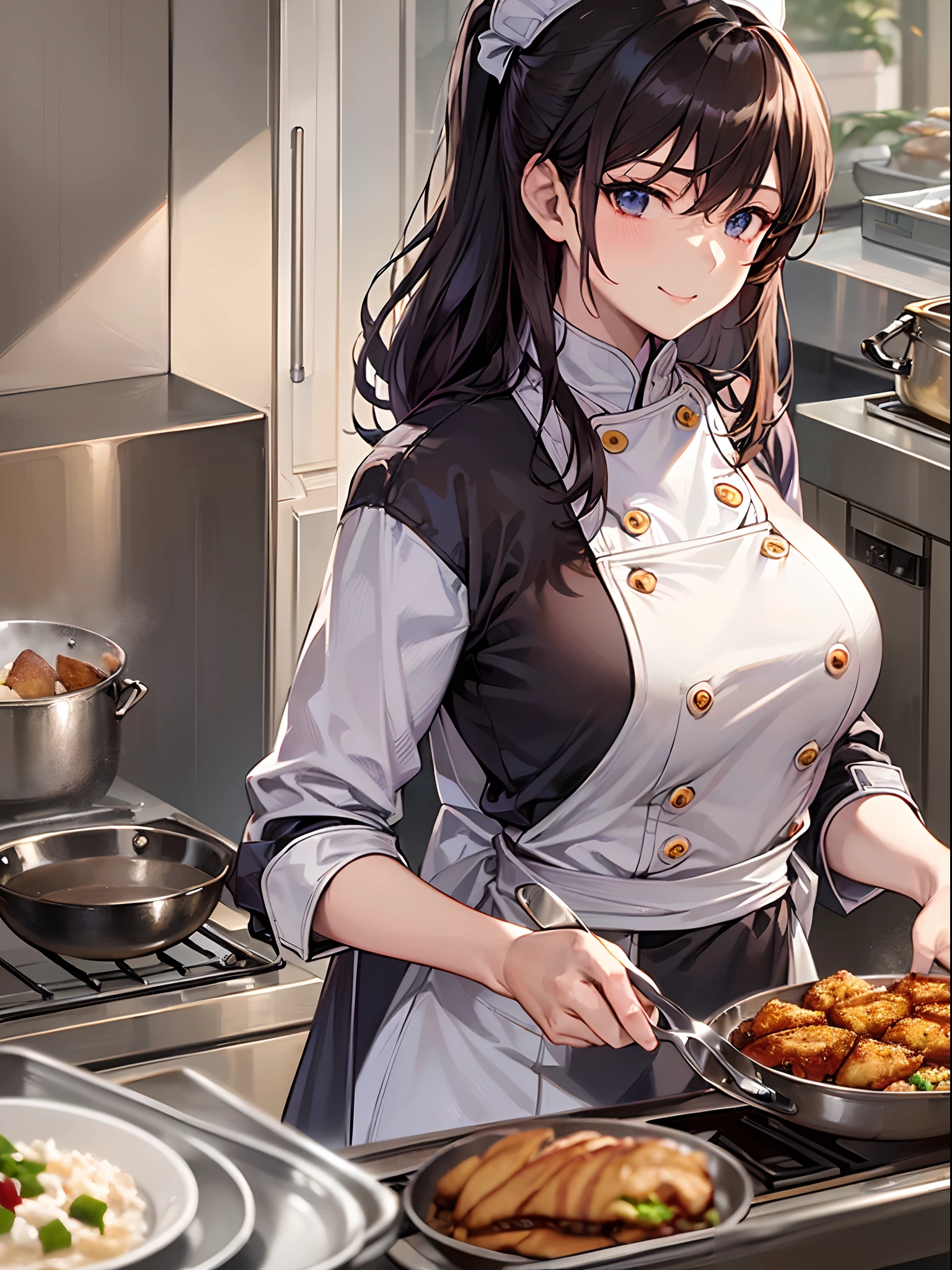 exposed breasts and nipples, giant breasts, black ponytail hair, black eyes, royalty brooch, black chef uniform, exposed pussy, cooking