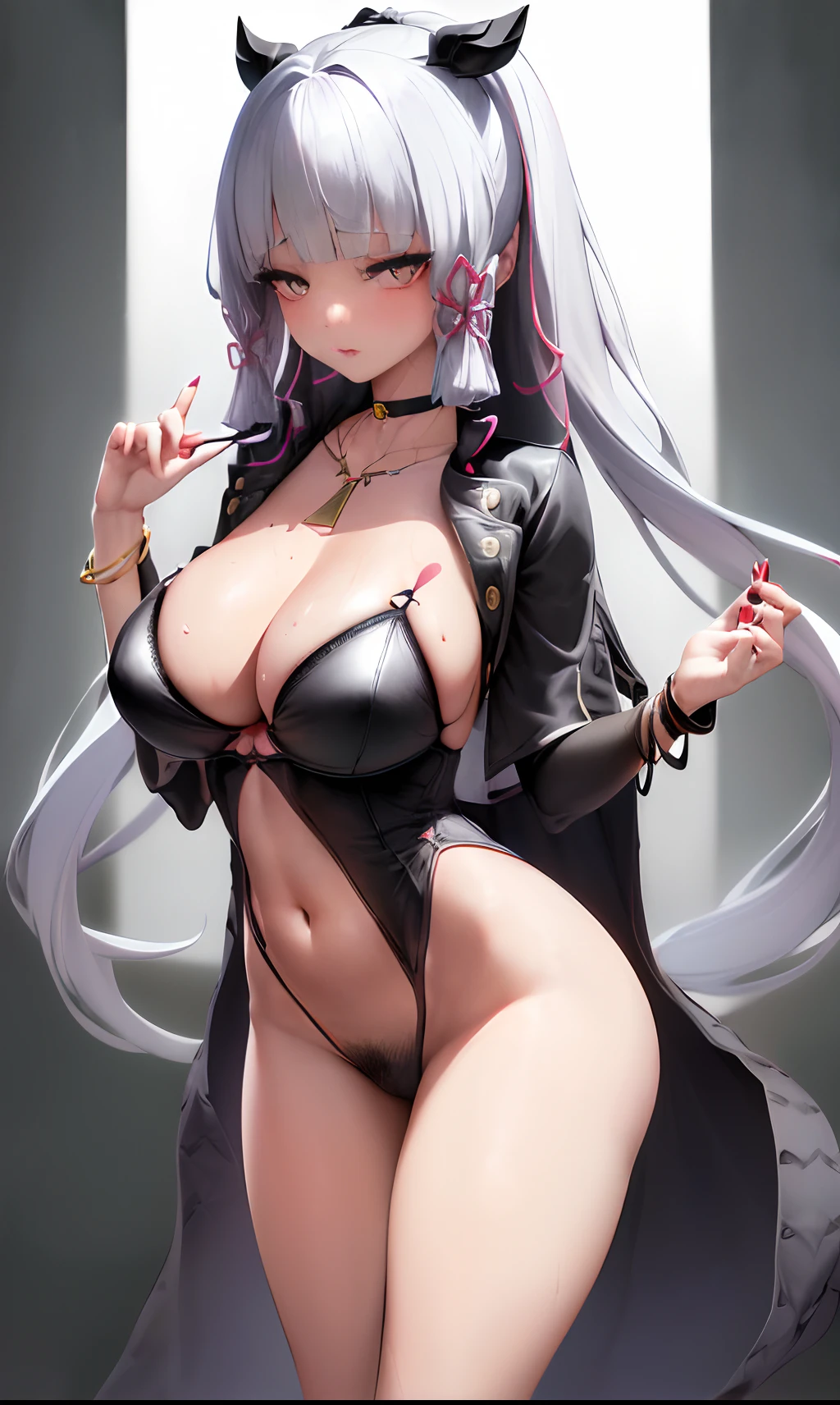 (Very dark lip gloss、Pure black lipstick、So many eyelashes、Dark black eyeshadow、Shy、blushing cheeks、hightquality、hight resolution、depth of fields、chromatic abberation、Caustics、Wide Light、Natural colors)、a necklace、a choker、耳Nipple Ring、A bracelet、Wearing a lot of accessories、very soft big breasts、Woman with good style、bra very、The bra is so small that the areola protrudes、the areola is large、Big breasts that are about to spill out of a bra、My bra is about to tear、the see-through white shirt、The shape of the tips of the is clearly visible、full bodyesbian、Beautiful skin、valley、beauty legs、High exposure、The body line is very sexy、Tasty-looking body、Lips that make you want to kiss、Sexy Inviting Poses、Open your crotch、The pubic area is visible、Engaging pose、Sweaty、luslous skin