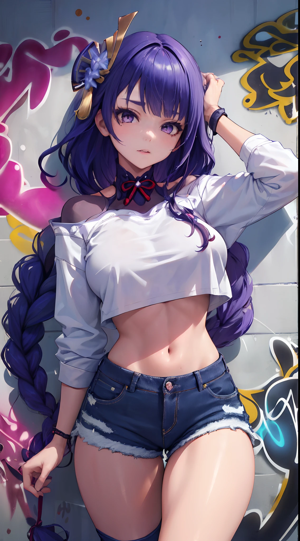 Raiden Shogun Genshin Effects Effects, master-piece, bestquality, 1girls, bara, crop top, Long Jean Jan Shirt, shorts jeans, choker, (Graffiti:1.5), color splashes, arm behind back, against wall, looking at the audience, bracelet, Thigh strap, Head tilt, bored, multicolored hair, water eyes, headset,