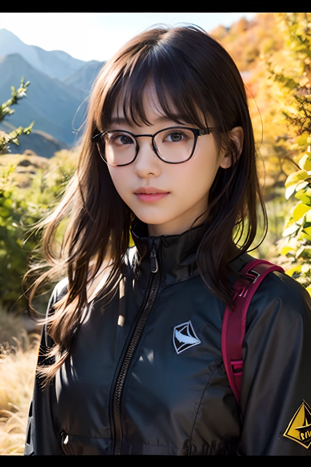 (8K、Raw photography、top-quality、masterpiece:1.2)、(realisitic、Photorealsitic:1.37)、ultra-detailliert、超A high resolution、女の子 1 人、29yo、see the beholder、beautifull detailed face、Smile、Constriction、(Slim waist) :1.3)、Beautiful detailed skin、Skin Texture、Floating hair、Hair bunched into one、(Mountaineering Wear:1.4)、Professional Lighting、Barbecue area in autumn、campsite、(((Black square glasses )))、Whole human body、Black hair、((Shameful appearance))、