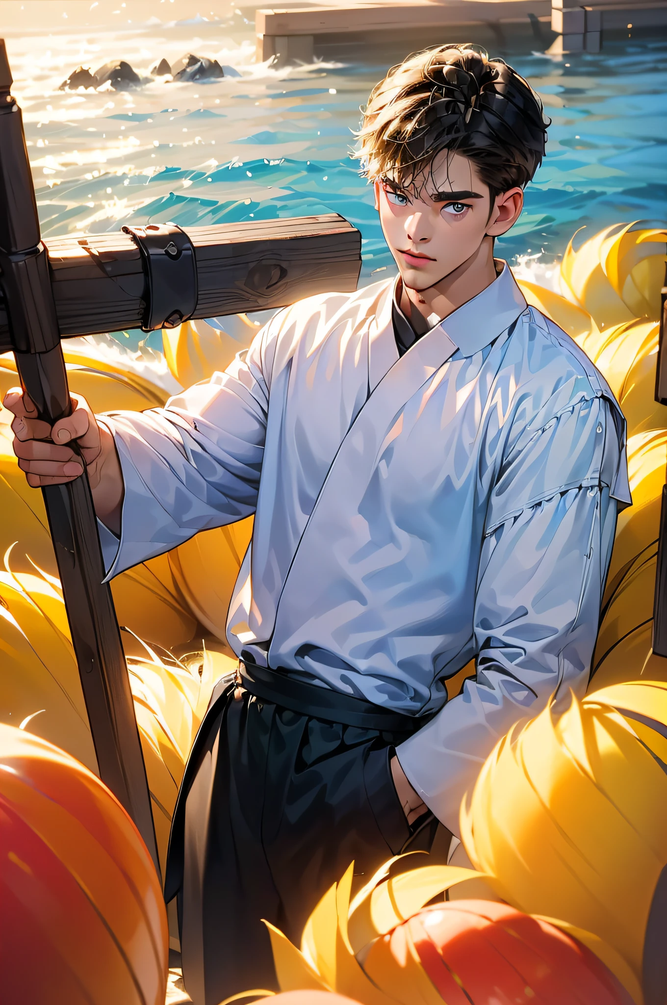 (in 8K、top-quality、masterpiece:1.2)、1 boy、short-haired、Hair short、Brown-skinned、red view、