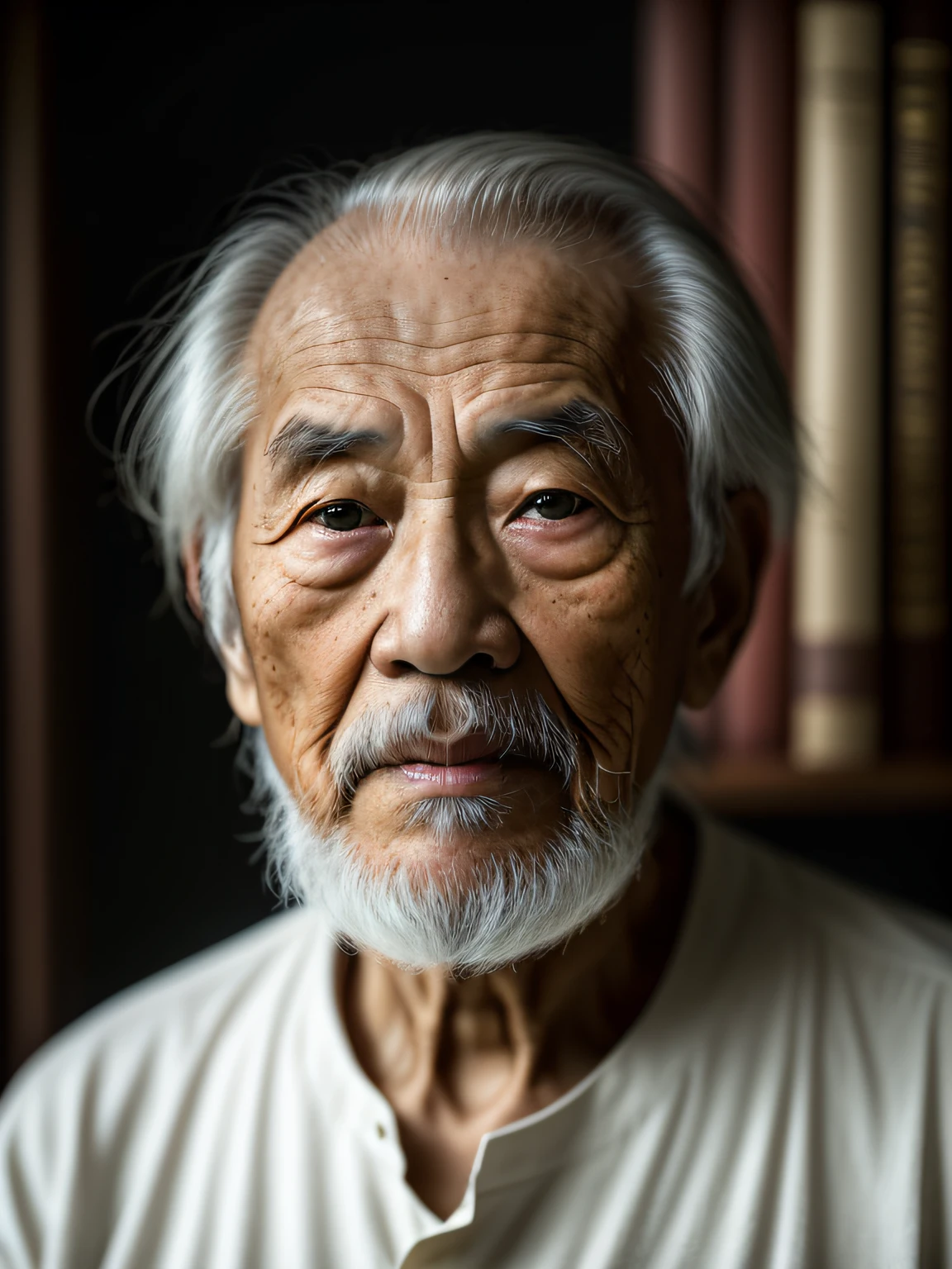 Hyper-Resolution, Ultra photo realsisim, cinema shot, Vignette, Portrait of an 80-year-old Asian man，Look at the viewer，An elderly Asian man,Spiritual elderly,Single image，Thin and thin, Old blue eyes, Short white hair, Bookshelf background，White Viking beard, Narrow face，dark-skin, Wide shoulders, Weathered by sunlight and water, Gold pattern royal twin peaks, The Royal Chambers camera is focused on the eye, High focal length, Digital SLR, 200mm lens, photography of：Cristina Otero, Dark Studio, rim lit, twotonelighting, Dimly lit, low tune, Backlight,