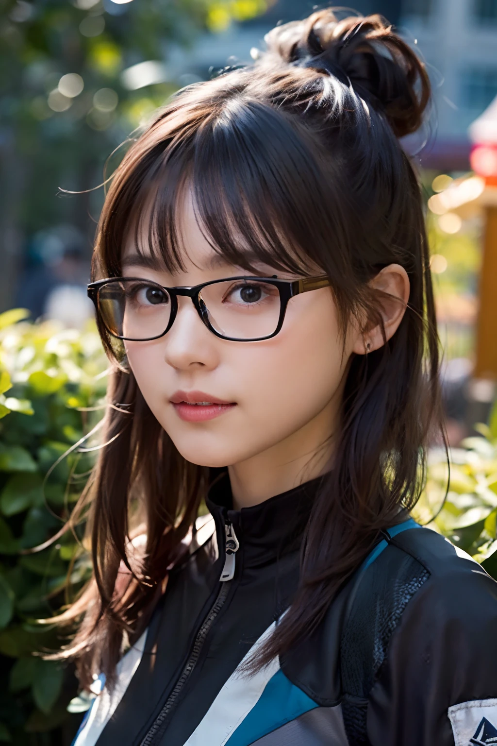 (8K、Raw photography、top-quality、masterpiece:1.2)、(realisitic、Photorealsitic:1.37)、ultra-detailliert、超A high resolution、 1 人、29yo、see the beholder、beautifull detailed face、Smile、Constriction、(Slim waist) :1.3)、Beautiful detailed skin、Skin Texture、Floating hair、Hair bunched into one、(Mountaineering Wear:1.4)、Professional Lighting、Barbecue area in autumn、campsite、(((Black square glasses )))、Whole human body、Black hair、((Shameful appearance))、