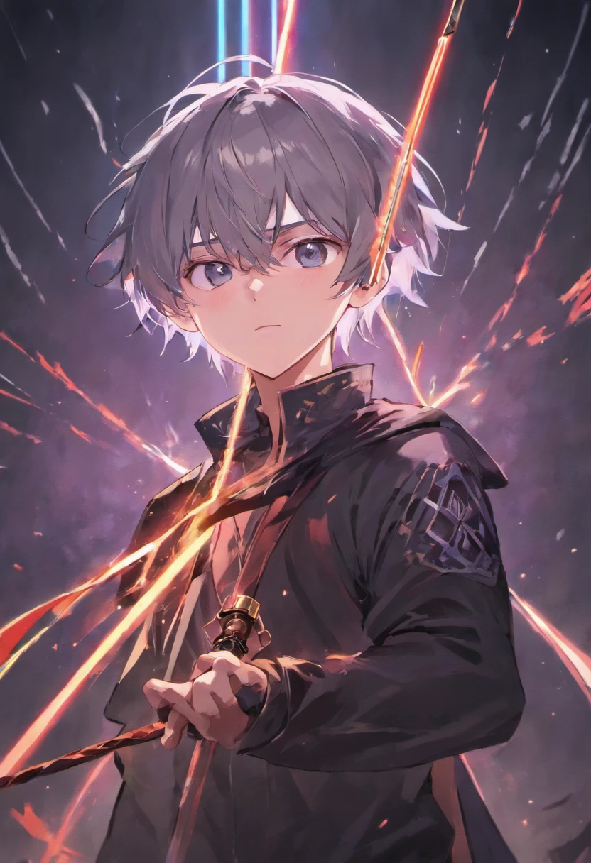 Gray hair, a boy wearing a black shirt whit a sword on hand, glowing sword