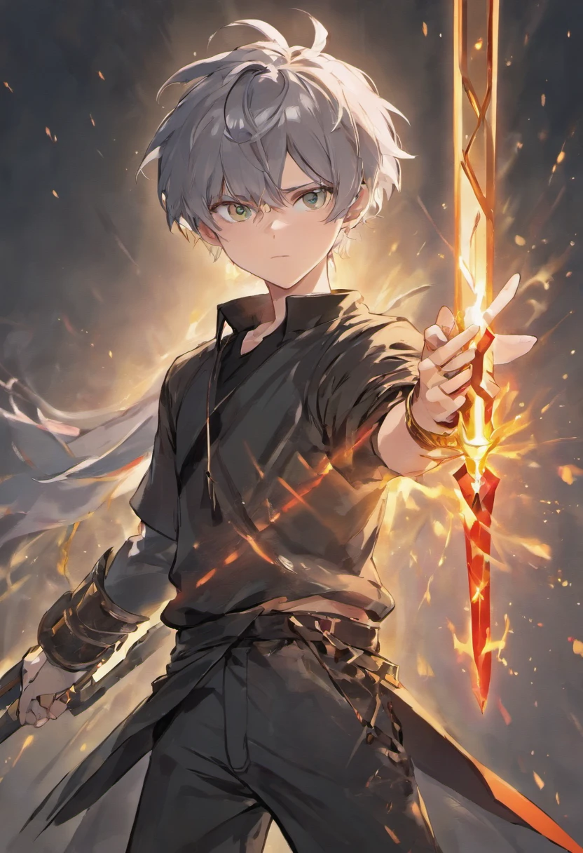 Gray hair, a boy wearing a black shirt whit a sword on hand, glowing sword