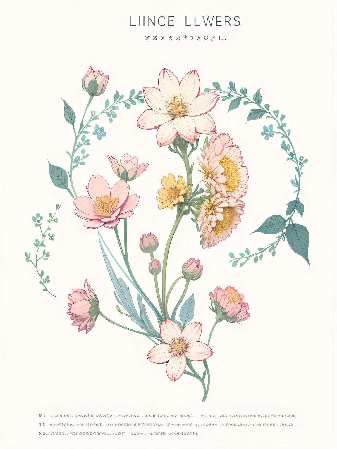 White background, line drawing flowers, line drawing, delicate petals, texture, small fresh, fashionable, sky blue, baroque, simple white.