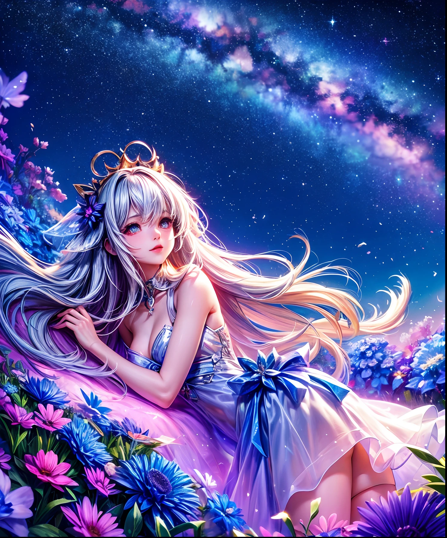 Describe a scene where a cute girl character is lying on a grassy hill, Looking up at the starry sky. Surround her with colorful nebulae and her favorite constellations.