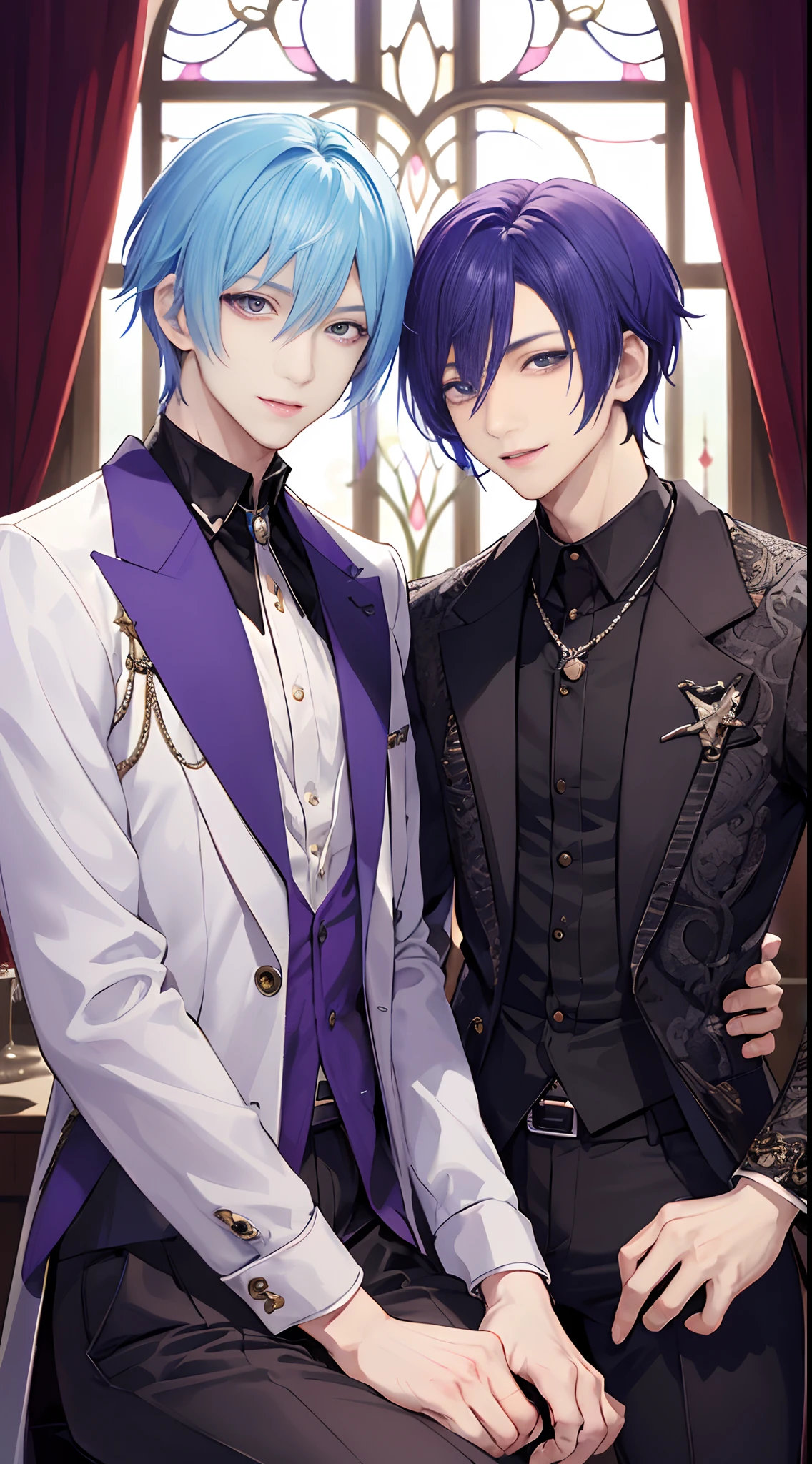 ​masterpiece, top-quality, 2Others, Male couple, 1 man and 1,, Adults, Height difference, different fashion, different color, finely eye and detailed face, intricate detailes, Casual clothing, window, A smile, Happiness, tenderness, queers, Boys Love, high-level image quality、 selfee, Two beautiful men、tall、The upper part of the body、nightfall、nighttime scene、𝓡𝓸𝓶𝓪𝓷𝓽𝓲𝓬、Korean Male, Idol Photos, k pop, Professional Photos, Vampires, Korean fashion in black and white, Fedoman with necklace, inspired by Sim Sa-jeong, androgynous vampire, :9 detailed face: 8, extra detailed face, detailed punk hair, ((eyes are brown)) baggy eyes, Seductive. Highly detailed, semi realistic anime, Vampires, hyperrealistic teen, delicate androgynous prince, imvu, short hair above the ears, Man with short hair, With a purple-haired man with a wild expression, Man with light blue hair with gentle expression, ((With a short-haired man with bright purple hair)), ((Man with light blue hair))