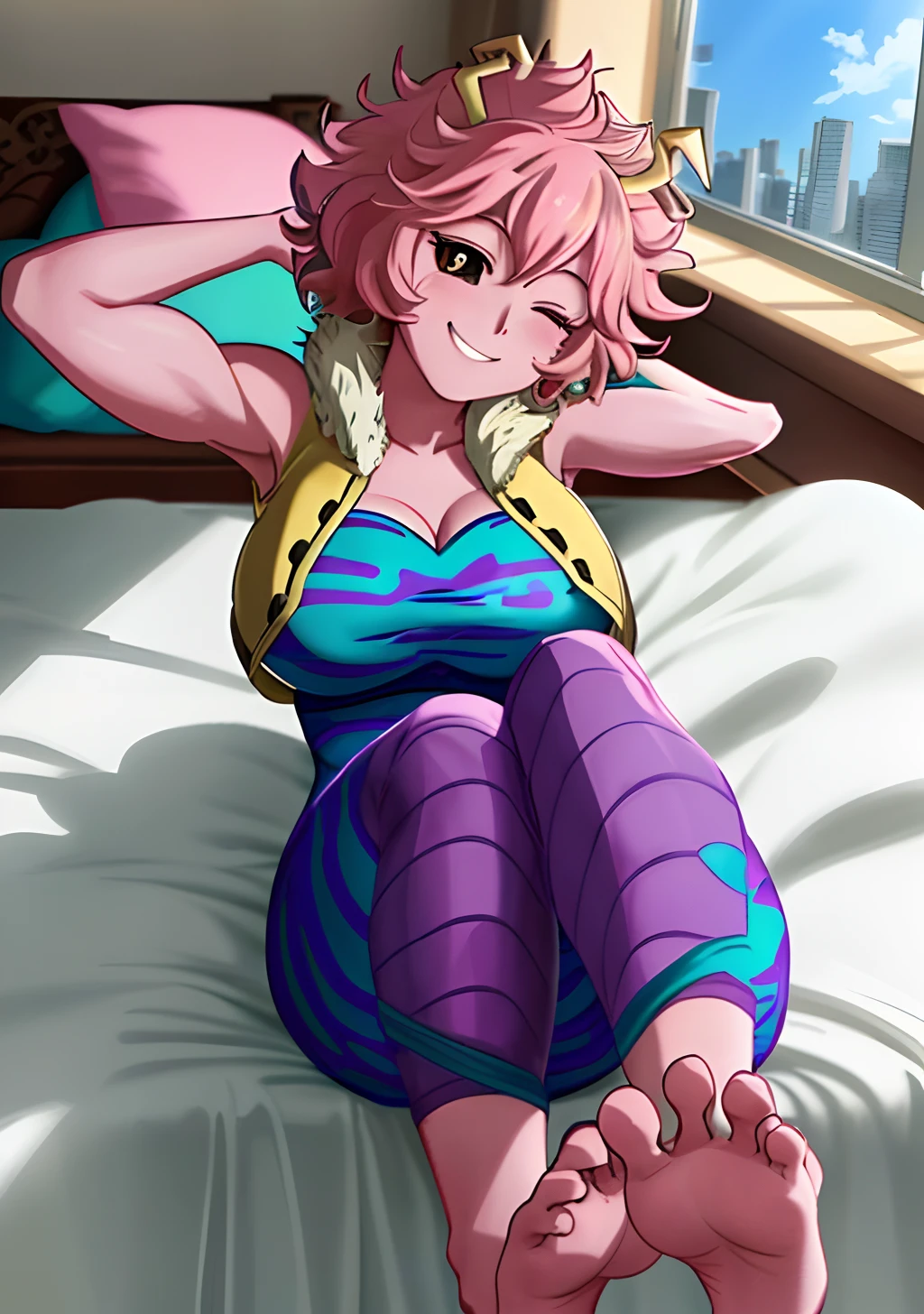 [mina ashido], [Boku no hero academia], ((masterpiece)), ((solo portrait)), ((bird's-eye view)), ((feet visible)), ((cute)), ((High definition)), ((anime)), ((beautiful render art)), ((detailed shading)), ((cel shading)), ((intricate details)), {mina ashido; (pink skin), (curly yellow horns), long eyelashes, eyes closed, curly pink hair, short eyelashes, large boobs, (beautiful slightly muscular legs), (beautiful feet), (excited smile), (white teeth), (blushing)}, {(hero costume), (bodysuit), (yellow sleeveless jacket), (fluffy collar)}, {(on bed), (laying on back), (hands behind head), (looking at viewer)}, [Background; (bedroom), (window), (blue sky), (sun rays)]