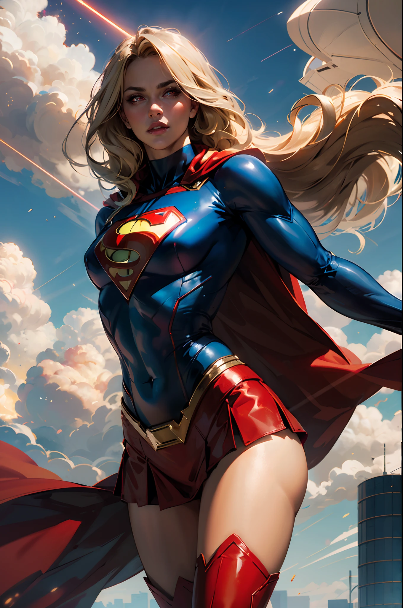 ((full body view)), (Supergirl amazingly flies through outer space), miniskirt, full suit, perfect ass, (full DC Comics superhero), outside, highlight your muscles and scars. The landscape is lush and mysterious, with galaxies all around you. The camera details everything... perfect ass, dynamic pose ((she has blonde hair, she has long hair)), perfect ass (she has a confident smile, heroic pose), (her attitude is fearless), (she has a personality arrogant). (best quality, 4k, 8k, high resolution, masterpiece: 1.2), ultra detailed, (realistic, photorealistic, photorealistic: 1.37), intricate details, vivid colors, sharp focus, professional, artwork by Dave McKean, surrealism touch oil, oil painting style, portrait, woman, beautiful detailed eyes, beautiful detailed lips, dreamy atmosphere, shadow play, soft lighting, fun pose, dark tones, ethereal background, fantasy elements, texture, layered composition , art inspired by Bill Sienkiewicz and Dave McKean
