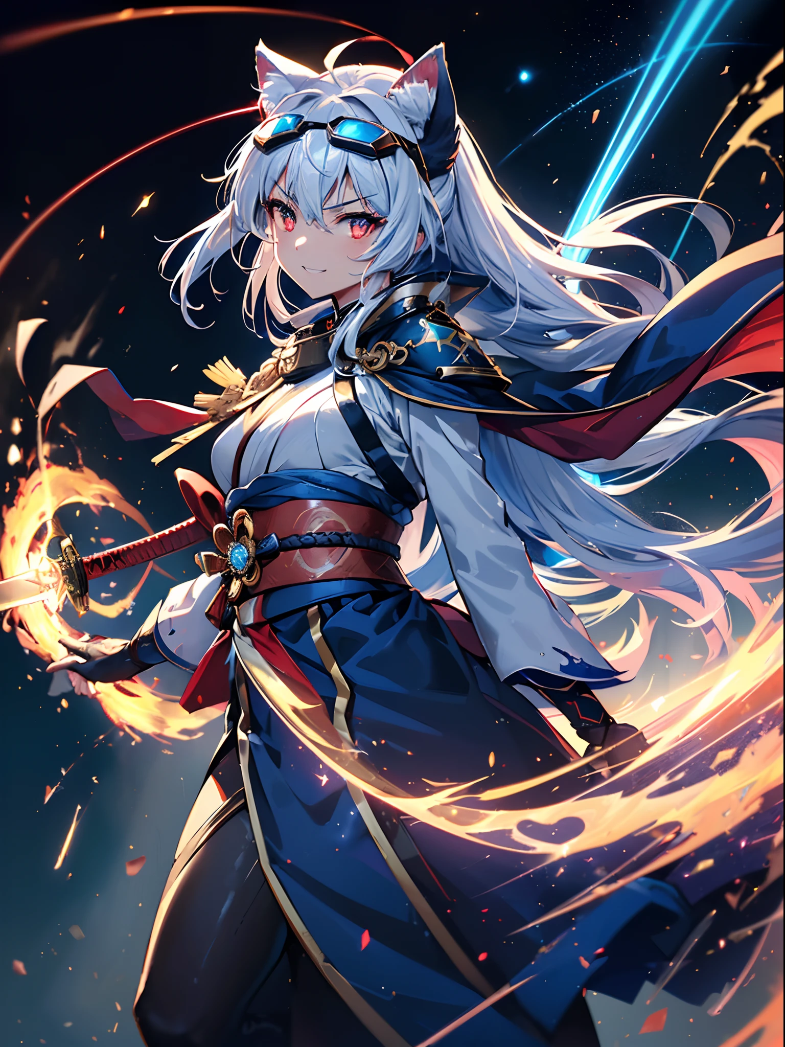 (Perfectly accurate white long hair:1.5),(She has cat ears:1.3) ,(hair messy:1.3),(Stardust Red Eyes:1.3), (perfectly detailed eyes:1.3),(Adult leeway:1.3),(Face Focus:1.3),(breast closeup:0.7), (Wear detailed blue goggle-shaped goggles on your head:1.4),(wrath:1.3),(Happy expression:1.3),(provocative smiling:1.3),(Maiden waiter:1.3),(Extended Video Angle:1.4),(A magical samurai wielding a fire torpedo:1.3),(Battle angles that unleash the magic of flames from your hands:1.3),(dance:1.3),Her skin is pale,(Blue, White and gold war samurai armed:1.3),(small tit:1.5),(Blue military uniform jacket with red straps on shoulders and back:1.3),(Black and gold and red pirate suit:1.3),(Blue Lightning Brave Sword:1.3),She is a handmaiden,Emitting an aura of light,(Face Zoom:1.3),Highest Quality, (Gripping the samurai's sword accurately:1.3),(Many blue glowing blades fly around her:1.3),Complex castle town,Lens Flare, Big rainbow,The moon shines,money, bloom, ((light glow)), chromatic abberation], Digital Painting, Insane details, Intricate details, Beautifully color graded, Anime Clothing,Unreal Engine, Cinematic , colour grading, Editorial Photography , Photography, Kiss Shot, Canon 5D Camera Photography,Shot on 70mm lens, Depth of subject, ultra sharpness, nffsw, octane, Unreal, Dramatic light, Global Illumination,Motion Picture Film,rainbow,lensflare,(Blue Cross and Shooting Star Aura Wave:1.3),(Blue samurai cloak、Red string:1.3),(Agfacolor:1.3),(close portrait:1.3),(Feminine:1.4),(Beautiful:1.4),(Attractive:1.3),Move an angle,Themed Background,