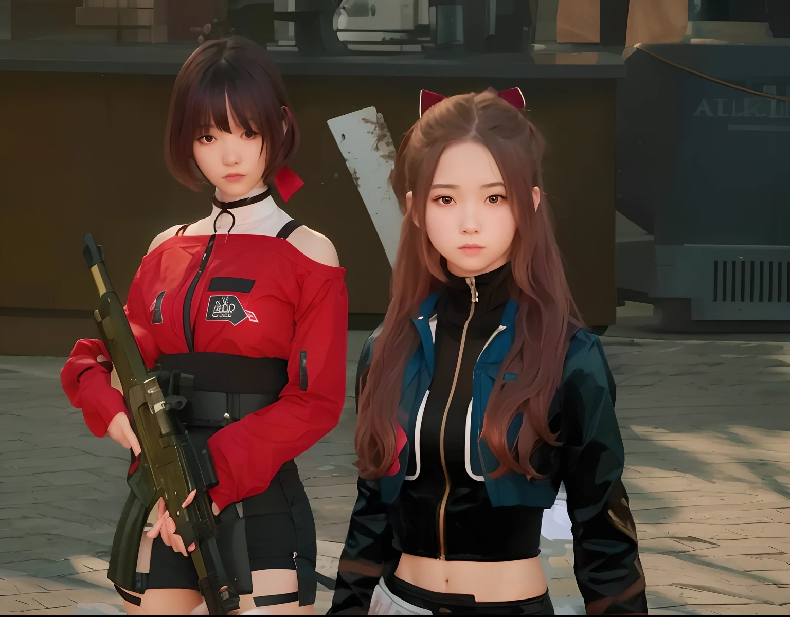 2girl, duo, 25yo, Lightbrown long wavy hair with ribbon, Black eyes, Short hair, Red hair, hold AK-47, ultra quality, high resolution, 4k