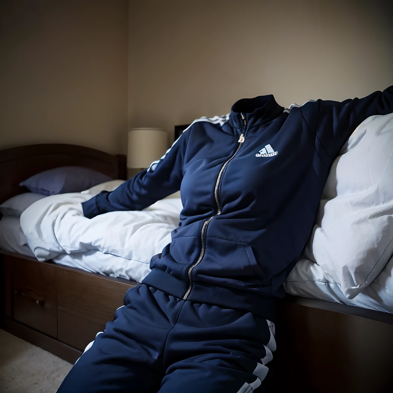 school tracksuits sleeping on bed, ((invisible, no humans:1.5, headless:1.5, handless, legless)), big breast, (close-up to breast), (big hip),  face down, 
(8k, RAW photo, best quality, masterpiece:1.2), (realistic, photo-realistic:1.37),photon mapping, radiosity, ((Hasselblad photography)),physically-based rendering,