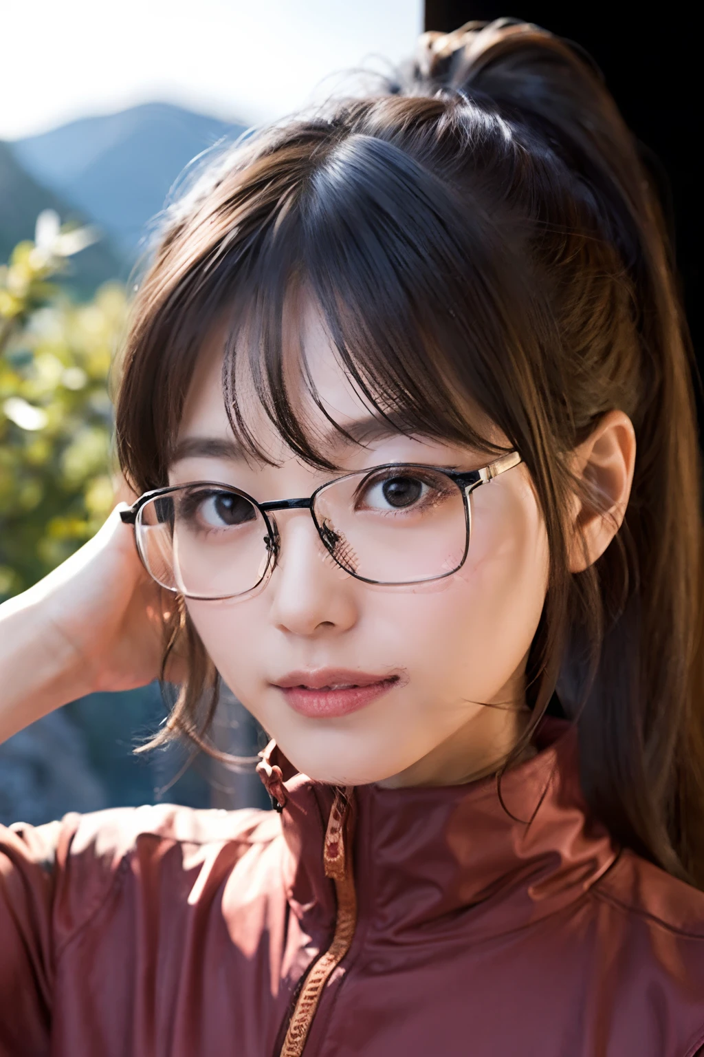 (8K、Raw photography、top-quality、masterpiece:1.2)、(realisitic、Photorealsitic:1.37)、ultra-detailliert、超A high resolution、女の子 1 人、29yo、see the beholder、beautifull detailed face、Smile、Constriction、(Slim waist) :1.3)、Beautiful detailed skin、Skin Texture、Floating hair、Hair bunched into one、(Mountaineering Wear:1.4)、Professional Lighting、Barbecue area in autumn、campsite、(((Black square glasses )))、Whole human body、Black hair、((Shameful appearance))、