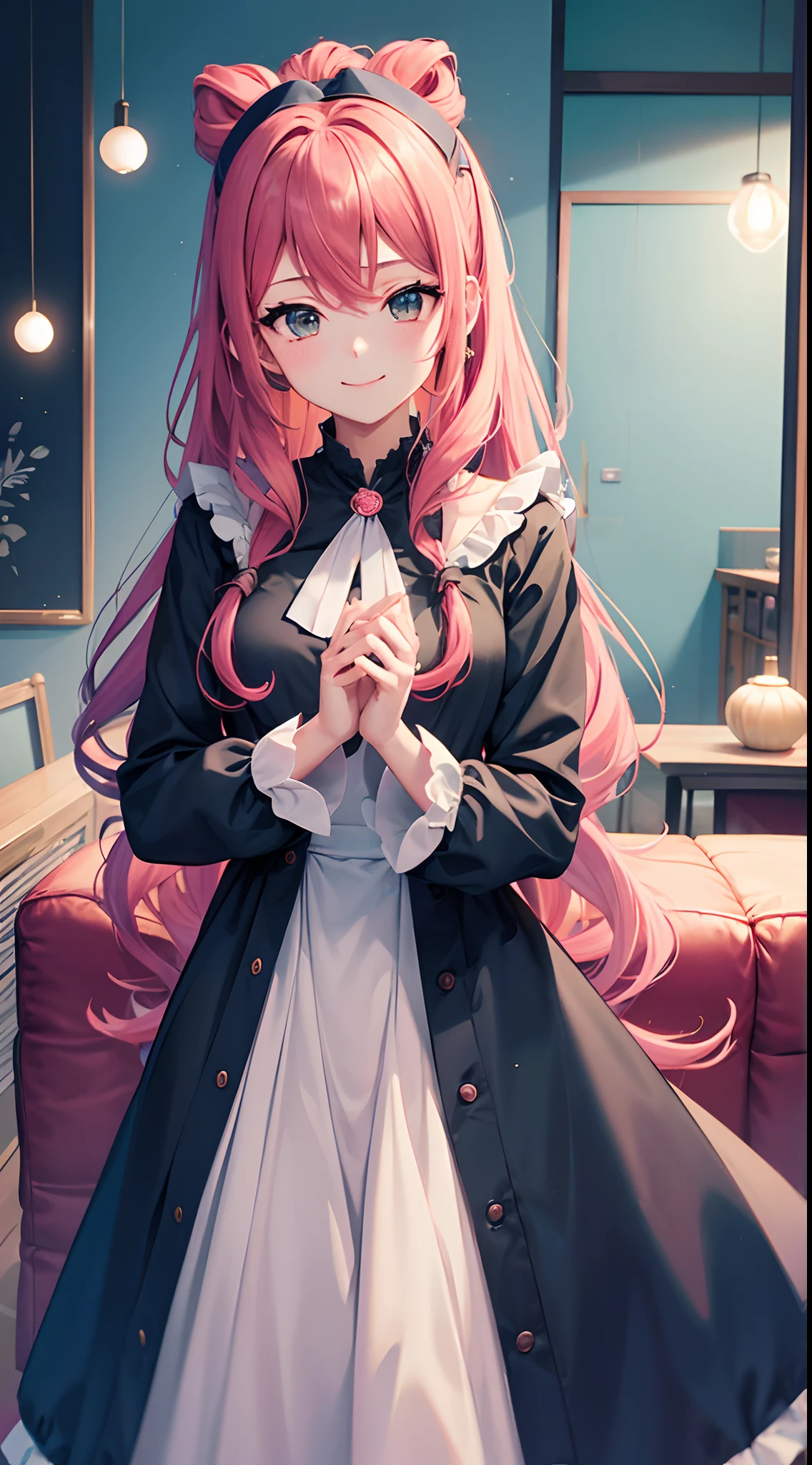 1girl, Bandori, Sayo Hikawa, anime style, skinny body, Anime girl wearing red and blue long elegant dresses with long sleeves, long-length light teal hair with her forelocks worn behind the ear with a curl on the end, slanted green eyes, smile, happy, straight on living room with birthday decorations, anime art wallpaper, 4k, best quality