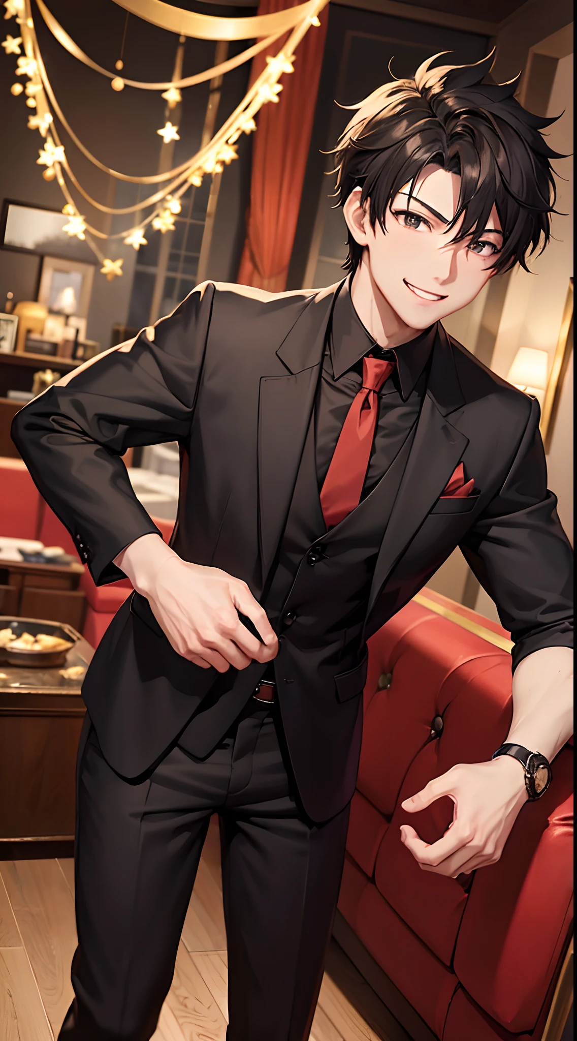 1boy, anime style, buff, Anime boy wearing Black Suit with red tie-ribbon outfit, brown-gold spiky hair, black eyes colour, smile, teeth, straight on living room with birthday decorations, anime art wallpaper, 4k, best quality