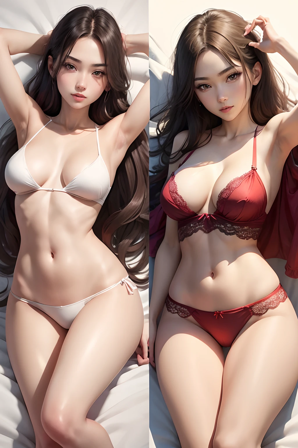 masutepiece, Best Quality, 1girl in,Eye of Detail,lightsmile,hyperdetailed face,Best Photo Poses, (Beautiful and aesthetic),Model Posture,medium , Medium Hair,prety woman, Sharp jawline, 鎖骨,Gorgeous beauty〜25-years old〜Female sexy,Fubody,Red lingerie,slender,White background ,Simple background,on back,Lying