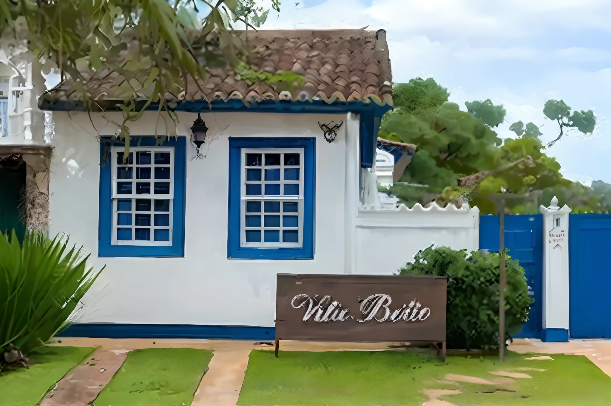 There is a white house with blue shutters and a sign in front, bonito, palacete, Velvia, by Gina Pellón, media photo, vivid detail, Beto Val, Directed by: Felipe Seade, casa bonita, muito bonito, muito muito bonito!, retro vibe, helio oiticica, Directed by: Willian Murai, Directed by: Samuel Silva