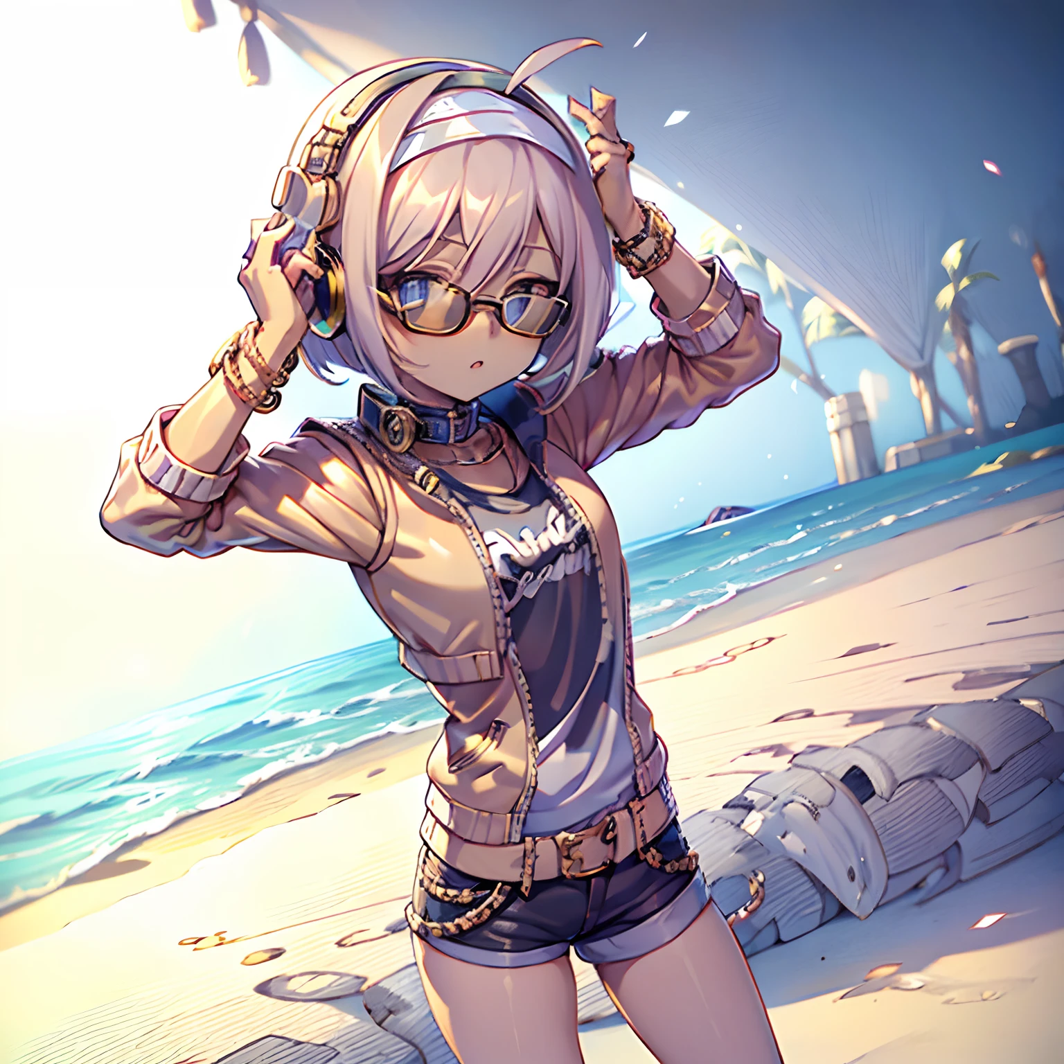 C4tt4stic, Cute  girl in short cut,Cartoon on a jacket and skateboard, Sunglasses,Headphone neck,