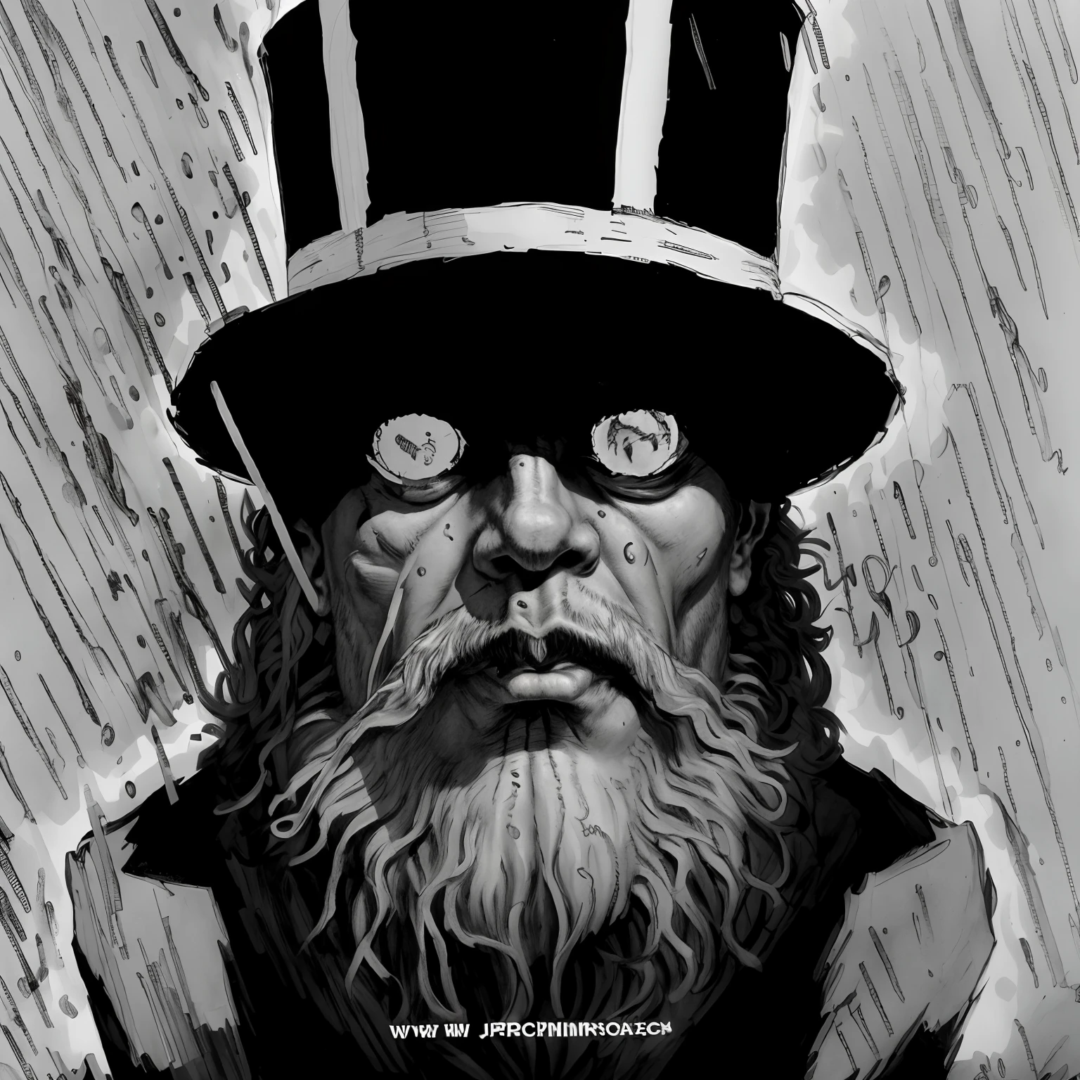 There's a man with a top hat and a beard, barba preta, bigode bem definido, he is wearing a top hat, high contrast illustration, archwizzard in a hat, Chapeleiro, inspirado por Joseph Clement Coll, Arte conceitual escura de alto contraste, preto, desenhado em um estilo neo - noir, O Madhatter, quadrinhos ocidentais inspirados, it is raining heavily. epics, sombrio.