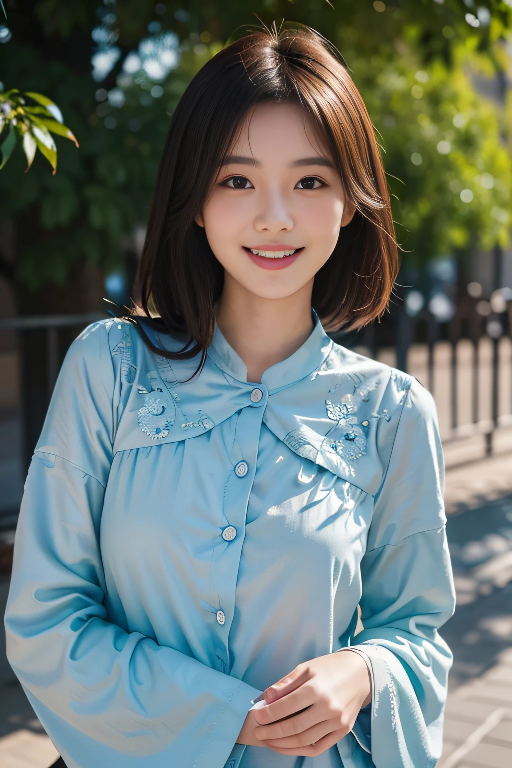 20yr old。Happy smile when looking at this、1girll, masutepiece, Best Quality, 8K, Detailed skin texture, Detailed Cloth Texture, beautifull detailed face, Intricate details, ultra-detailliert, Upper body