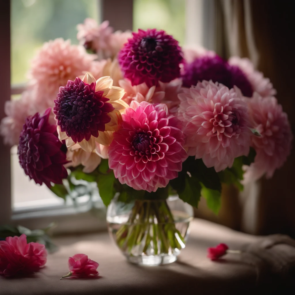 large stunning bouquet, dahlias, pink and purple, still life, telephoto lens, bokeh, still life, polygraph competition winner, hyperrealism, still life, renato muccillo, fruits and flowers, vintage,, realistic textures, volumetric light, telephoto lens, Pinterest picture,masterpiece artistic photo, 8K, ultra-realistic,best quality, high quality, 8k uhd, dslr, soft lighting, high quality, film grain, Fujifilm XT3