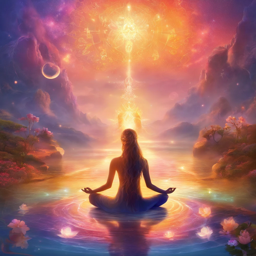 Yoga position light spectrum with the seven chakras around, vibrante colorsa colorslashh An explosion of colors, Beautiful woman in white sitting on water lilies, complex stuff around, intricate in the background, Spiritual, divine, dreamlike, cosmic, mind blowing, god, pineal gland, dream like, (extremely detailed CG unity 16k wallpaper:1.1), (Denoising strength: 1.45), (tmasterpiece:1.37), hyper realistic, god rays, ray tracing, UHD, award winning