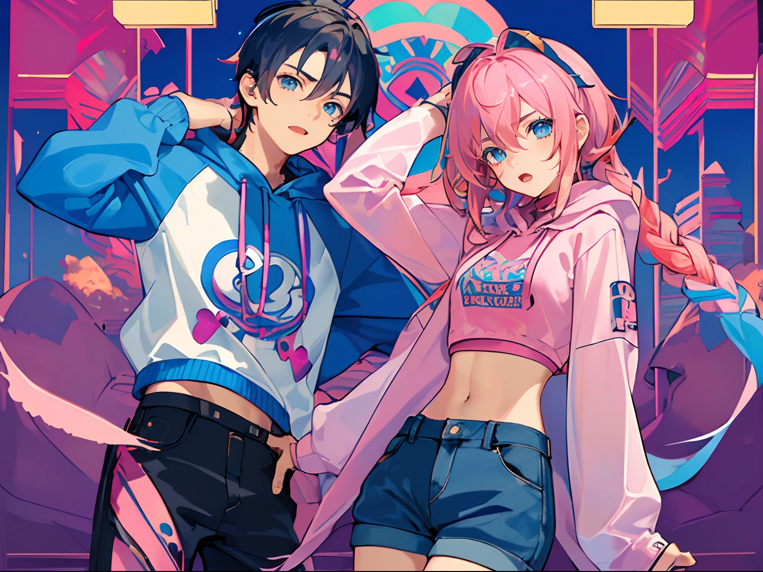 masterpiece, best quality, (expressive eyes:1.5), (perfect face:1.5), (age:1.4),(boy and girl:1.5), (brother and sister), group shot, full body wide angle, {(sister, pink hair, pink crop top)}, {(brother, blue hair, hoodie)} public, mall, hetero,