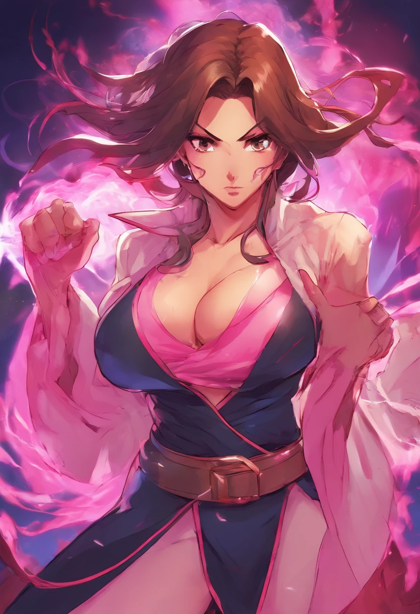 Super sexy anime wizard woman with big boobs enough flirtatious pose with brown hair of long length and a sexy pink wizard robes