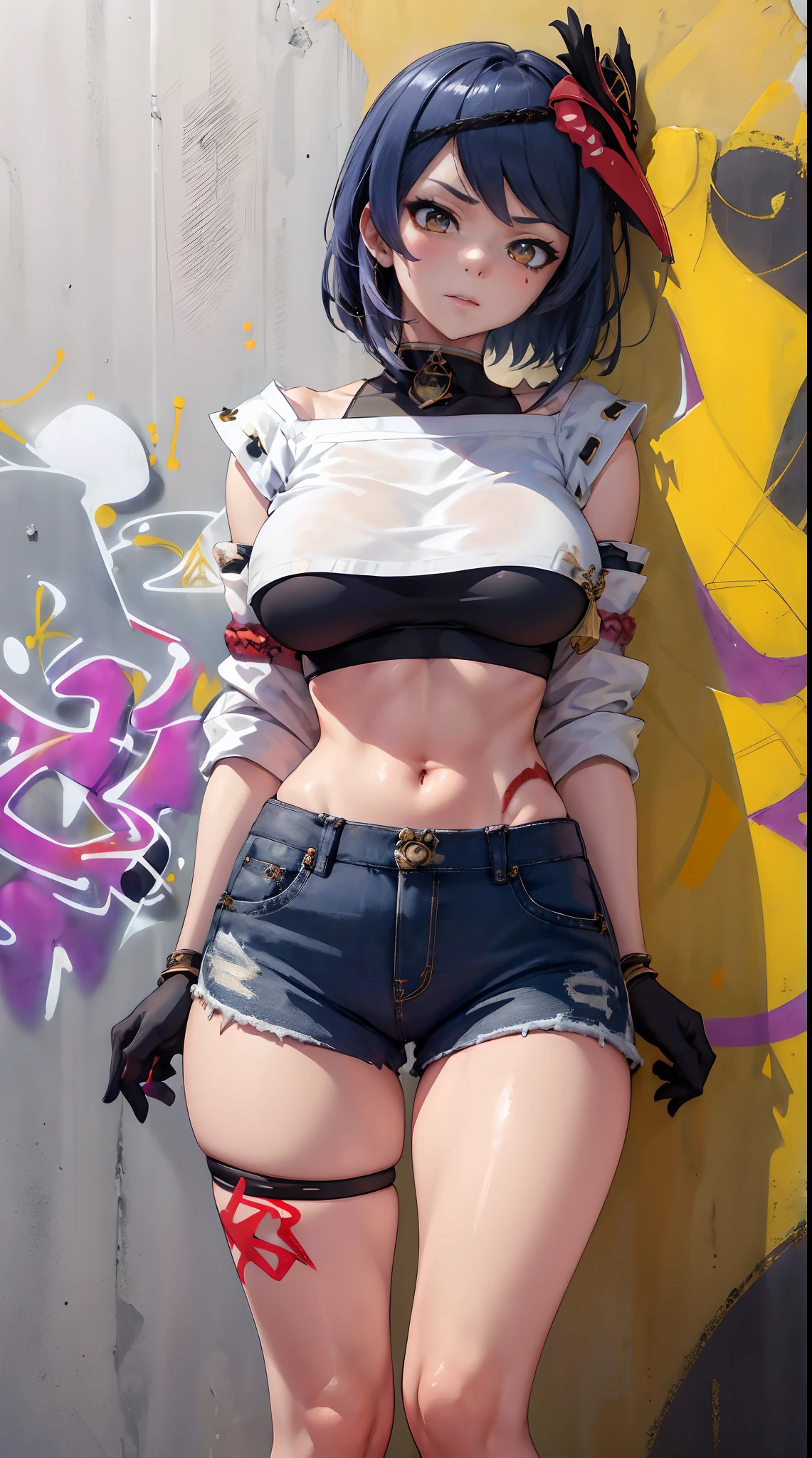 Kujou Sara Genshin Effect, masterpiece, bestquality, 1girls, oversized breasts, bara, crop top, shorts jeans, choker, (Graffiti:1.5), Splash with purple lightning pattern., arm behind back, against wall, View viewers from the front., Thigh strap, Head tilt, bored, water eyes,