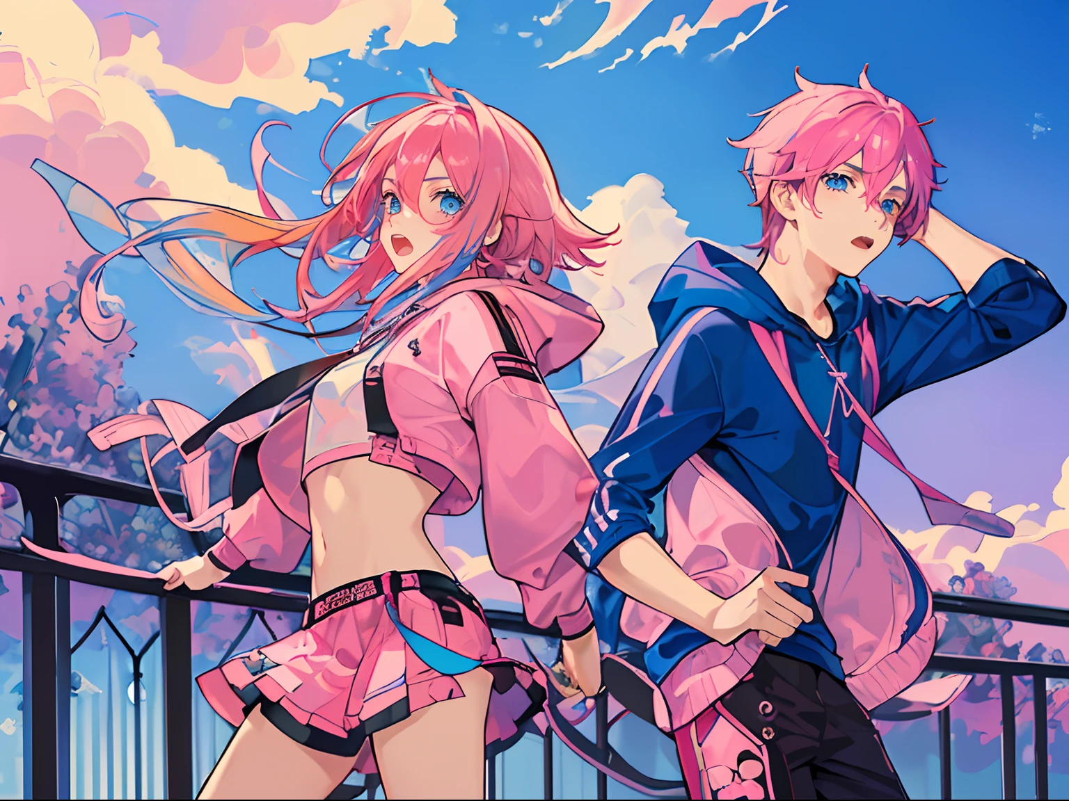 Anime style,shota,pink long hair,hot pants,long pantyhose,beaming face,