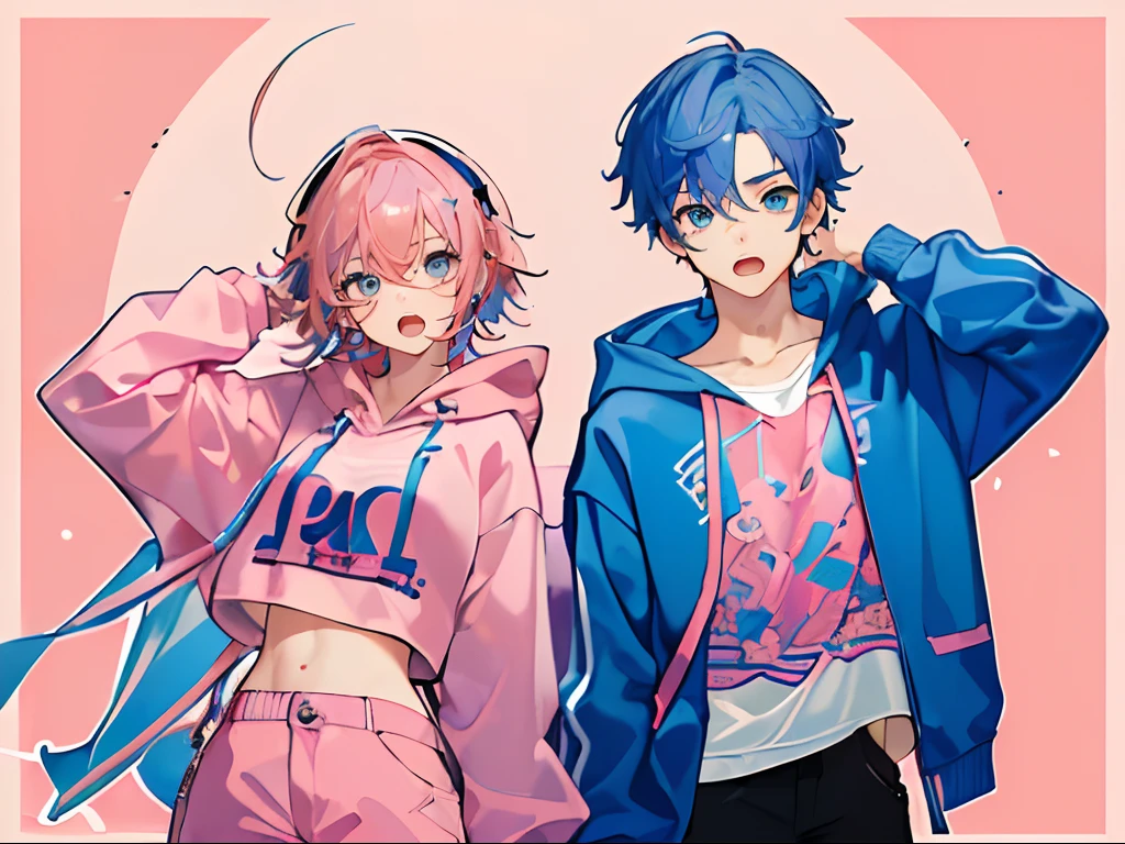 masterpiece, best quality, (expressive eyes:1.5), (perfect face:1.5), (age:1.4),(boy and girl:1.5), (brother and sister), group shot, full body wide angle, {(sister, pink hair, pink crop top)}, {(brother, blue hair, hoodie)} public, mall, hetero,