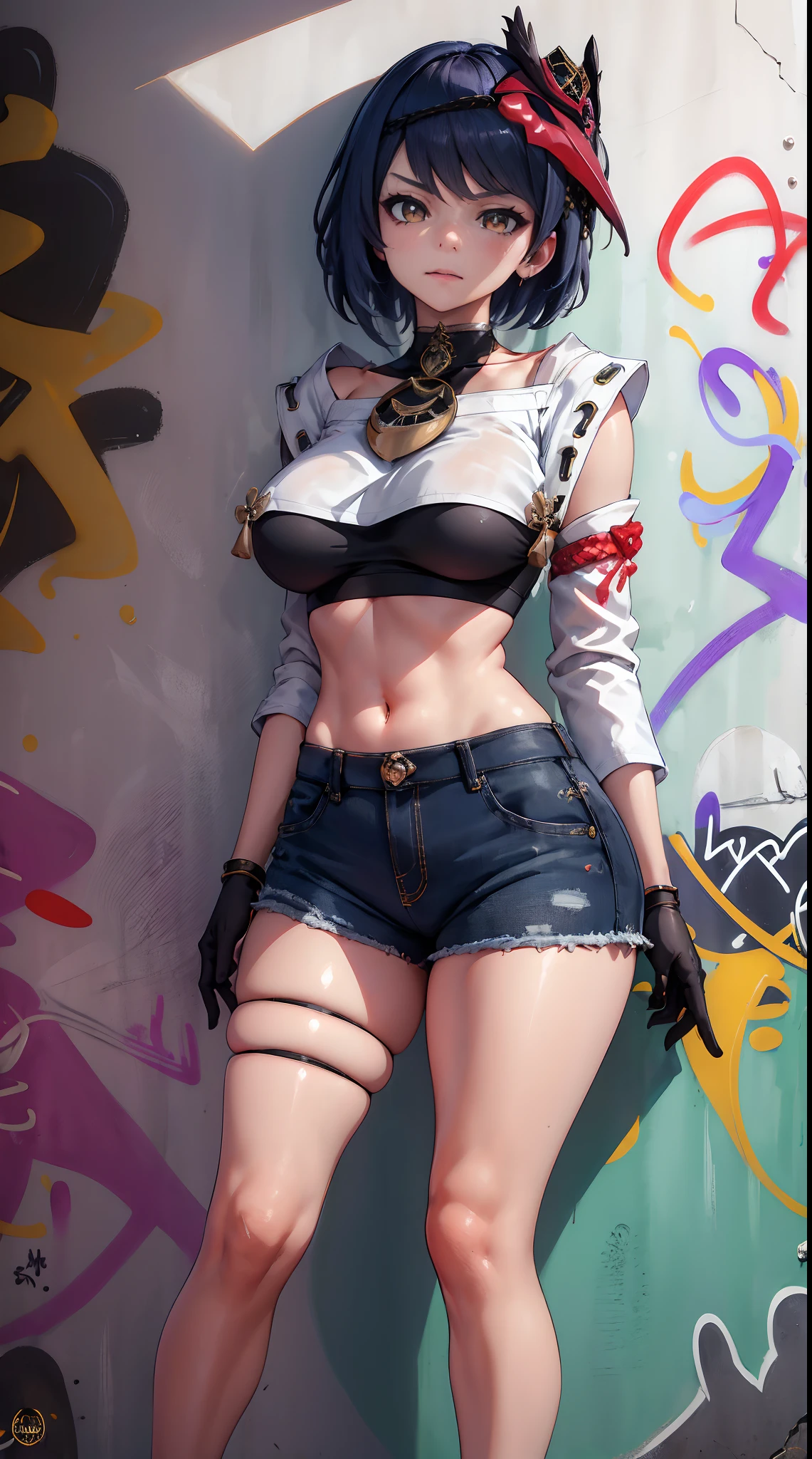 Kujou Sara Genshin Effect, masterpiece, bestquality, 1girls, oversized breasts, bara, crop top, shorts jeans, choker, (Graffiti:1.5), Splash with purple lightning pattern., arm behind back, against wall, View viewers from the front., Thigh strap, Head tilt, bored, water eyes,
