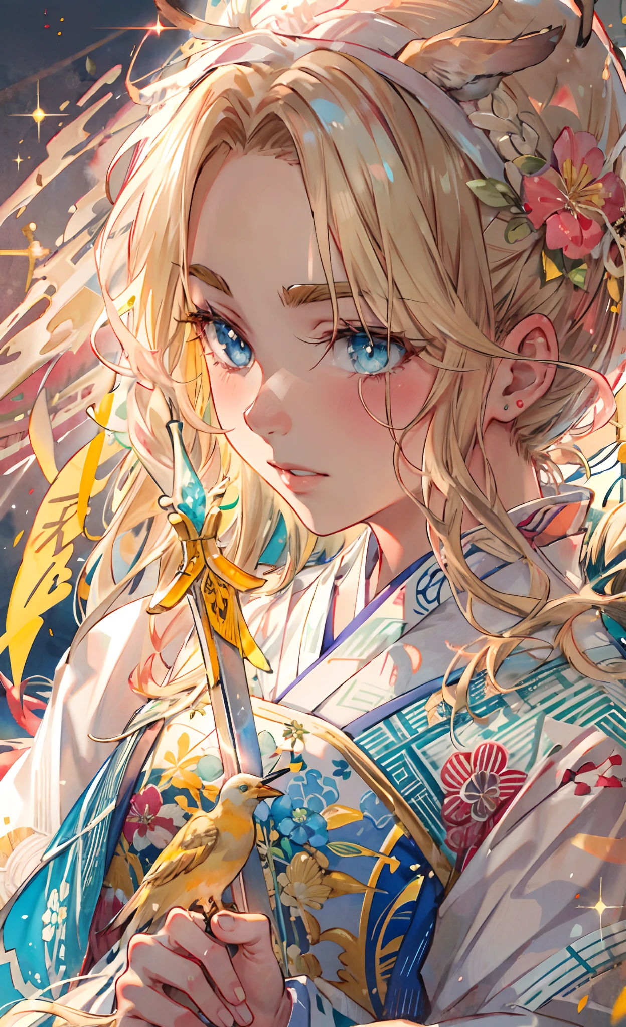 Masterpiece, Best quality, 1girll, golden hair, blue color eyes, Female swordsman walking, Dutch angle, Cinematic, voluminetric lighting, rays of sunshine, Soft lighting, mistic, magical, rim lit, fantasy, Sparkle, glimmering, Ponytail hairstyle, Hanfu, Carry a sword on his back, Ancient China, White and yellow clothes, Bird, The crane, Long hair, thick eyebrow