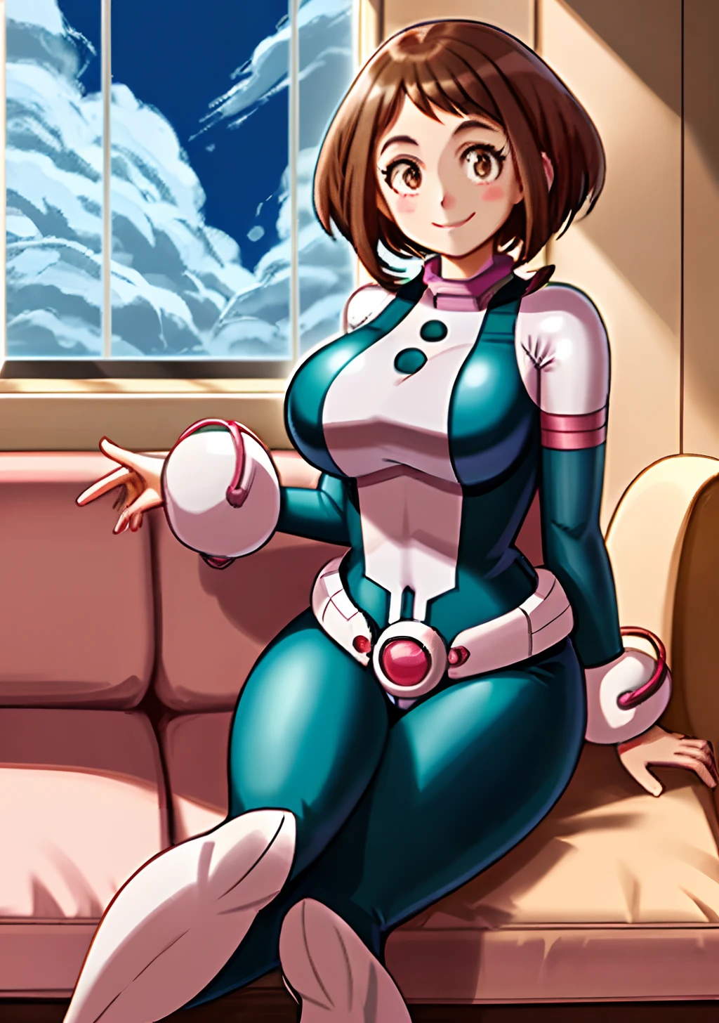 [ochako uraraka; Boku no hero academia], ((high quality)), ((solo portrait)), ((bird's-eye view)), ((full body)), ((feet visible)), ((HD)), ((cute)), ((anime)), ((cel shading)), ((detailed shading)), ((intricate details)), {ochako, (rosy cheeks), big round brown eyes, short brown hair, short eyelashes, large boobs, (curvaceous hips), (beautiful lips), (beautiful feet), (excited smile), (blushing)}, {(hero costume), (bodysuit)}, {(on couch), (laying on back), (looking at viewer)}, [Background; (living room), (window), (blue sky)]