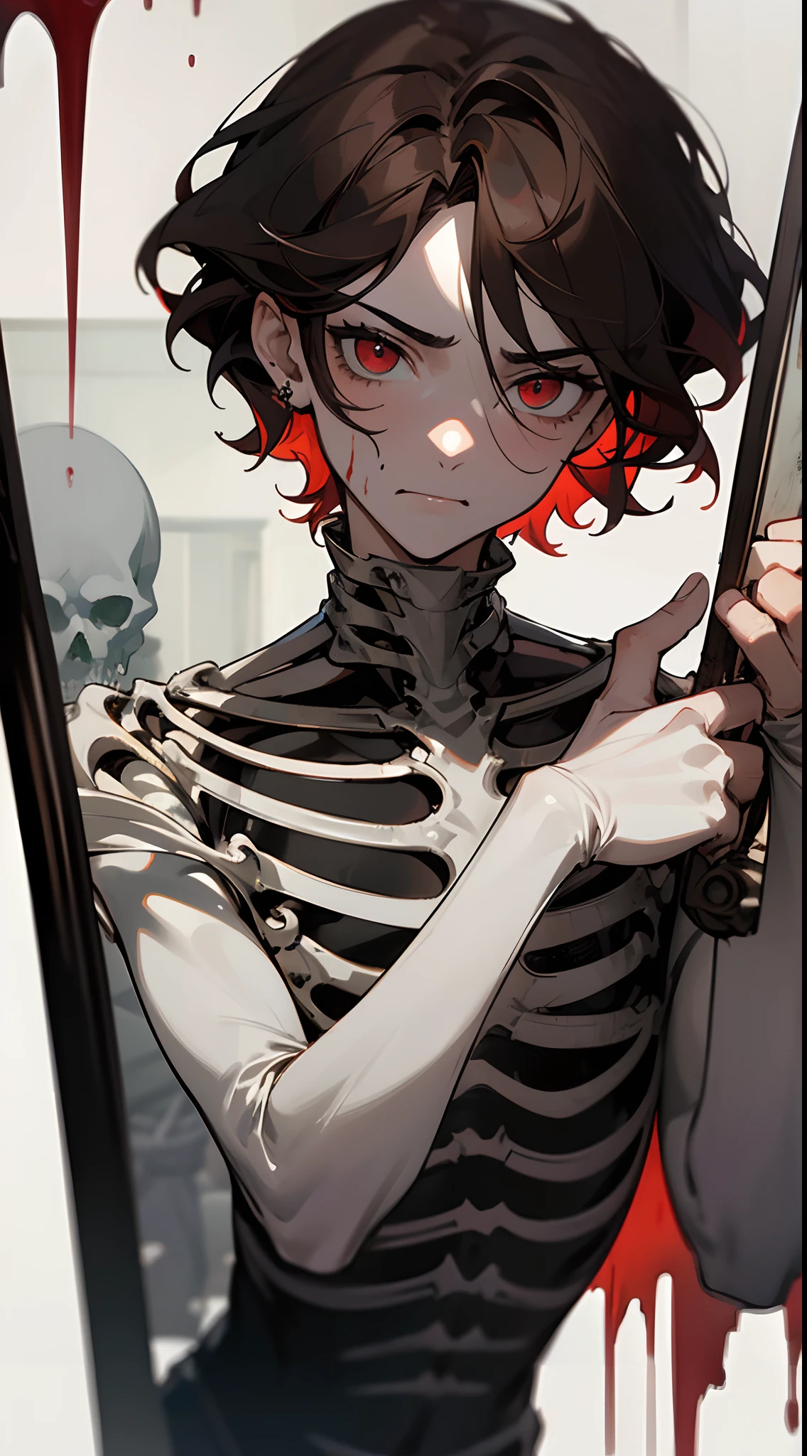 Teenage gothic man with tennis shorts, hat and horns and with an os in his hand, possessed anime style, with his name in the background on a poster that is crilboy.Ink